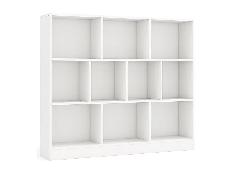 Bibliothèque Étagère à 10 Compartiments Ouverts, Meuble de Rangement à 3 Niveaux Kits Anti-basculement, Bibliothèque de Cloison Séparateur, pour Salon, Chambre, Bureau(Blanc)