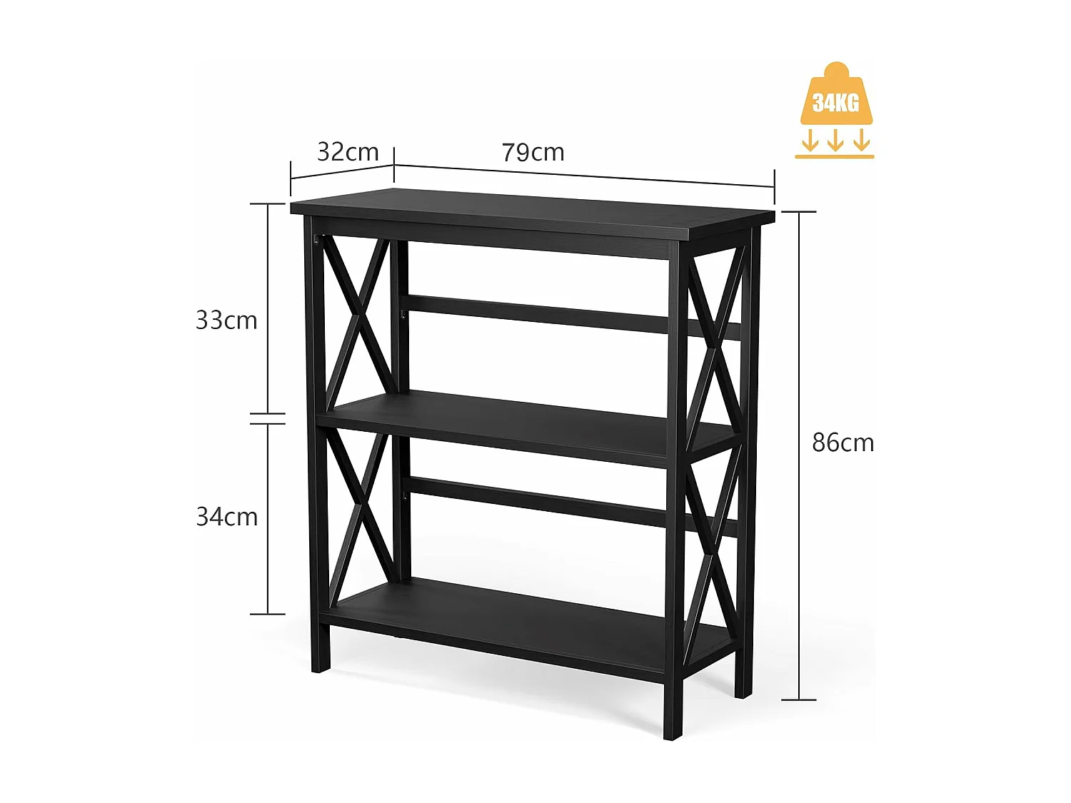 Bibliothèque étagère de rangement,en bois à 3 niveaux, dispositif anti-basculement (noir)