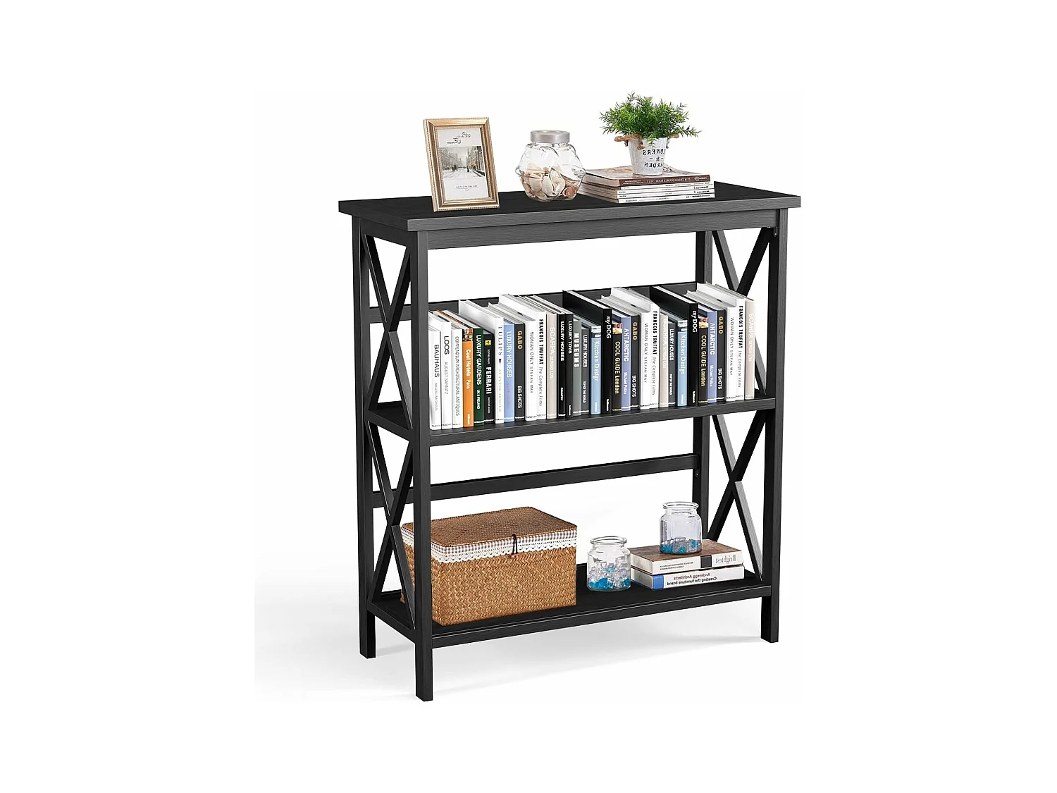 Bibliothèque étagère de rangement,en bois à 3 niveaux, dispositif anti-basculement (noir)