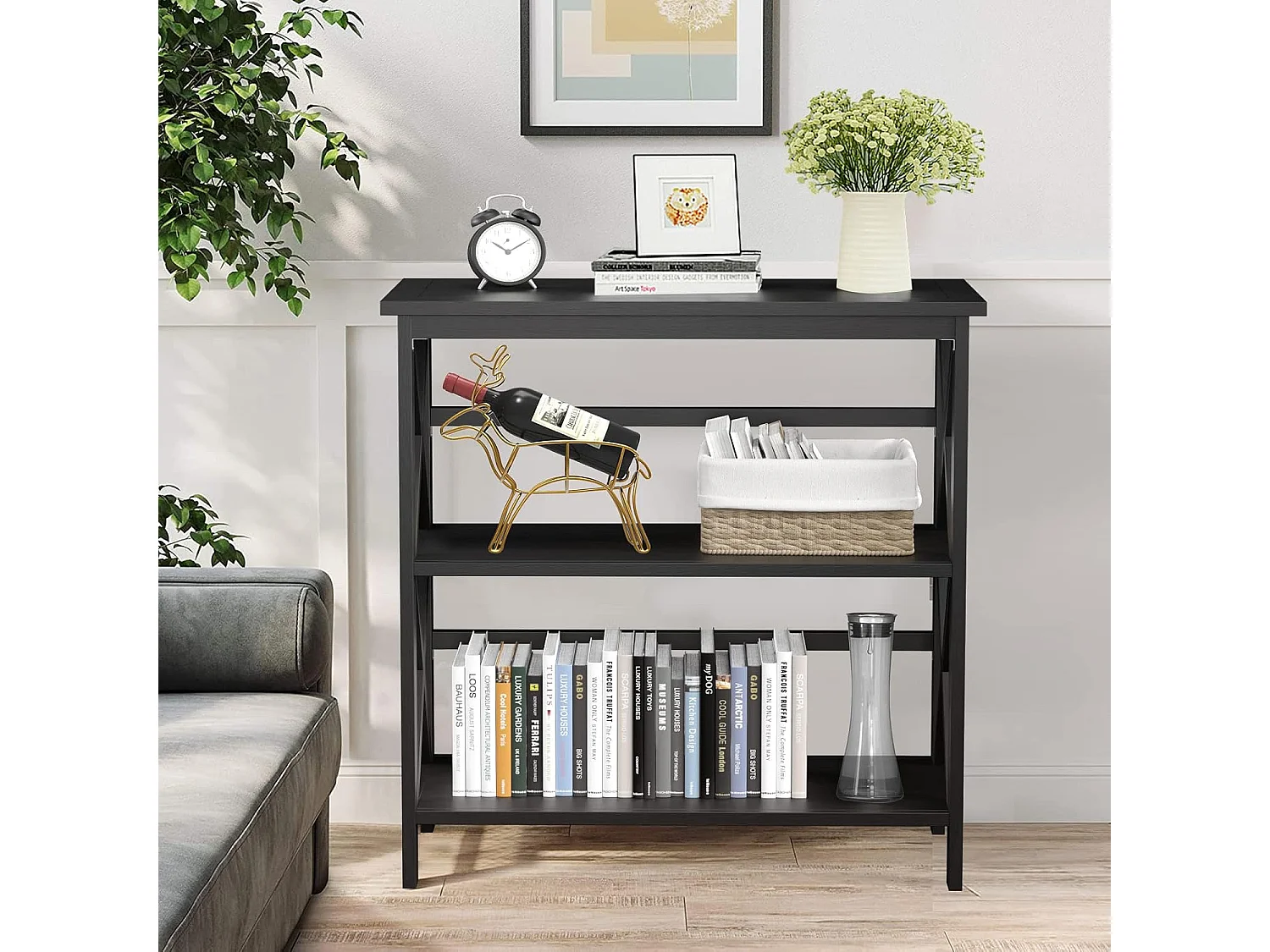 Bibliothèque étagère de rangement,en bois à 3 niveaux, dispositif anti-basculement (noir)