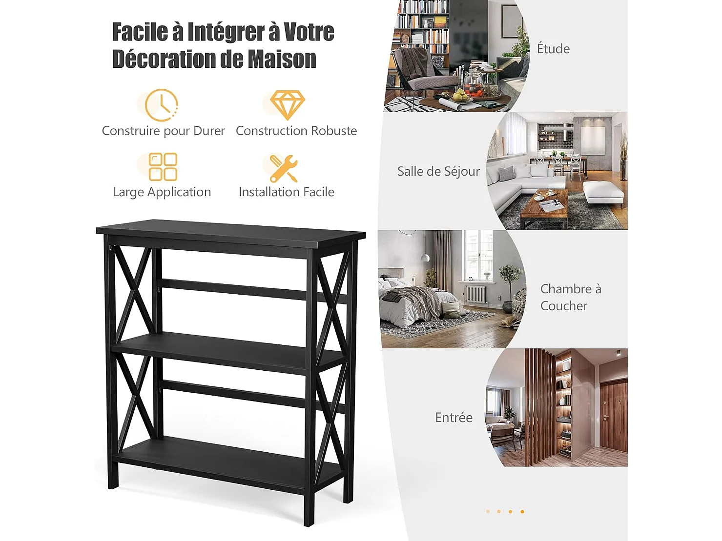 Bibliothèque étagère de rangement,en bois à 3 niveaux, dispositif anti-basculement (noir)