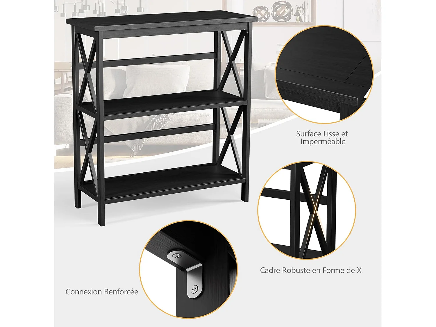 Bibliothèque étagère de rangement,en bois à 3 niveaux, dispositif anti-basculement (noir)