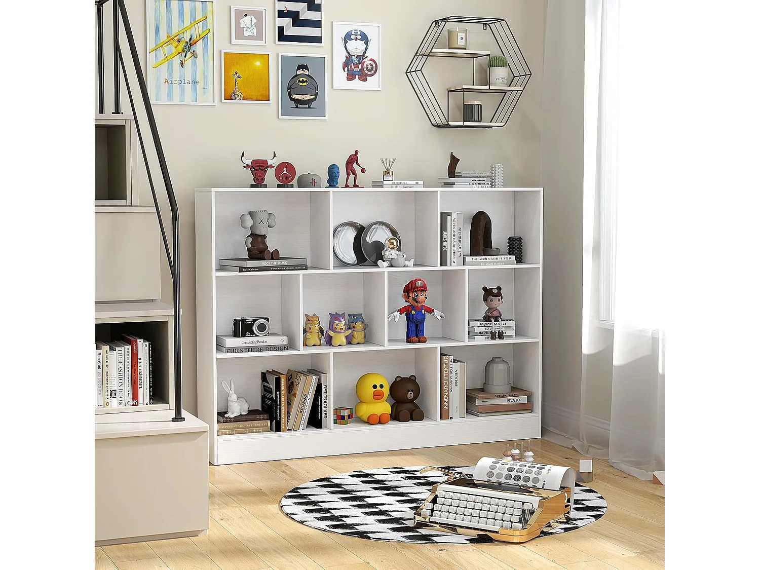 Bibliothèque Étagère à 10 Compartiments Ouverts, Meuble de Rangement à 3 Niveaux, Kits Anti-basculement, Bibliothèque de Cloison, 24 x 140 x 104 cm (Blanc)