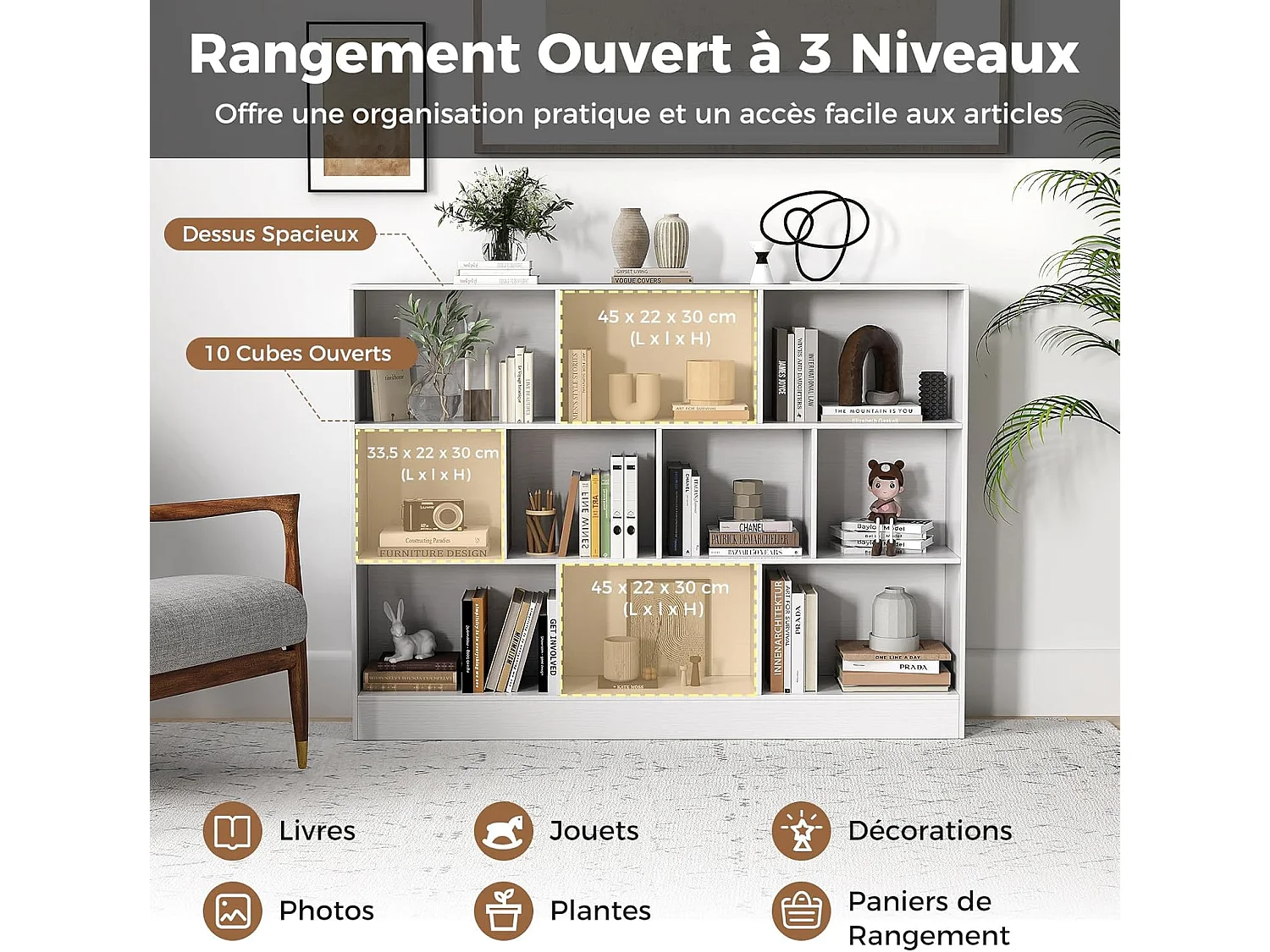 Bibliothèque Étagère à 10 Compartiments Ouverts, Meuble de Rangement à 3 Niveaux, Kits Anti-basculement, Bibliothèque de Cloison, 24 x 140 x 104 cm (Blanc)