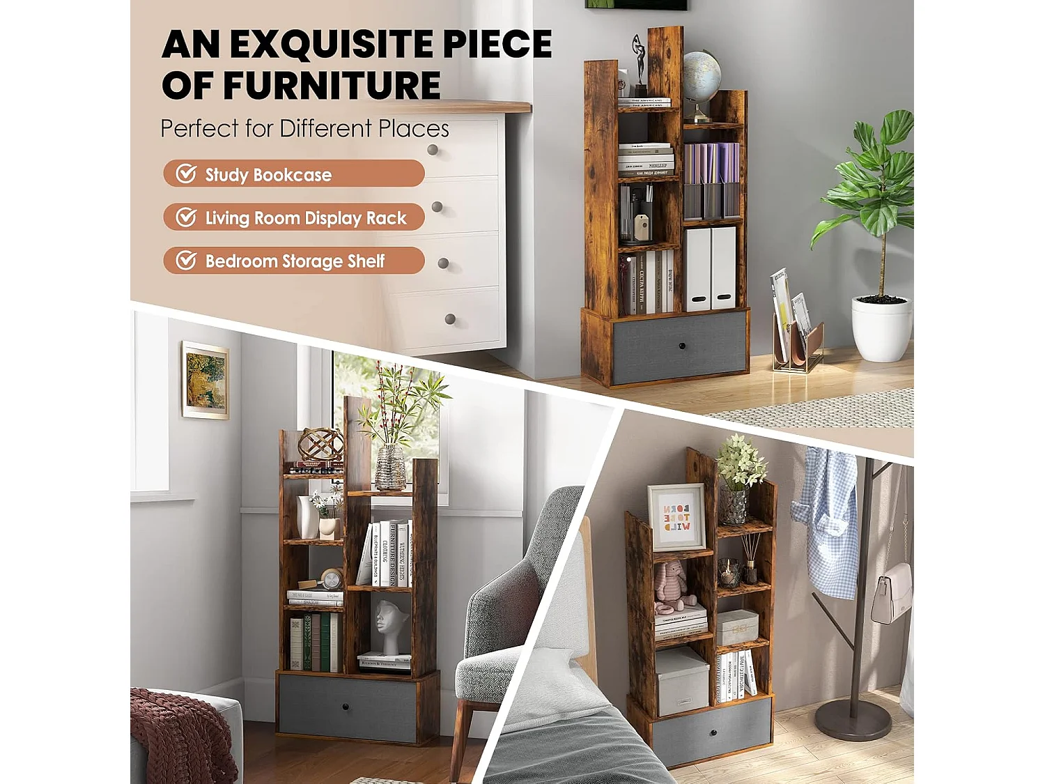 Bibliothèque à 7 niveaux avec tiroir amovible, étagère 7 compartiments,53x24x118cm marron