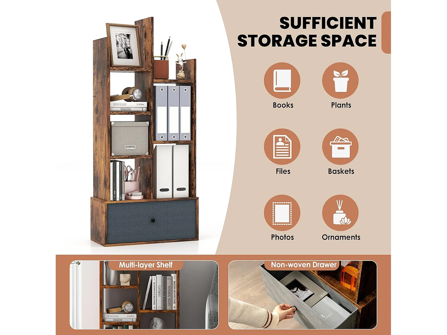 Bibliothèque à 7 niveaux avec tiroir amovible, étagère 7 compartiments,53x24x118cm marron