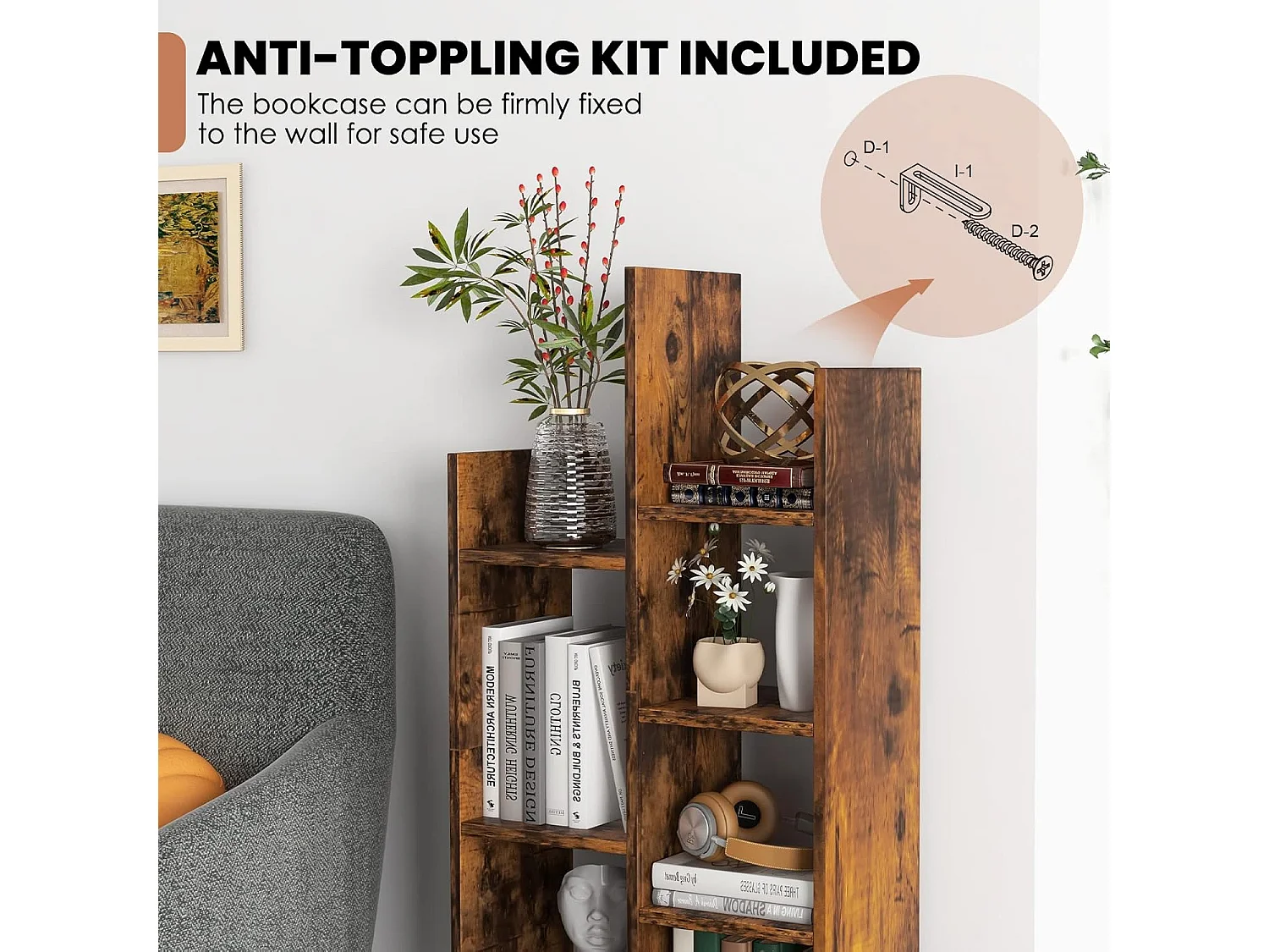 Bibliothèque à 7 niveaux avec tiroir amovible, étagère 7 compartiments,53x24x118cm marron