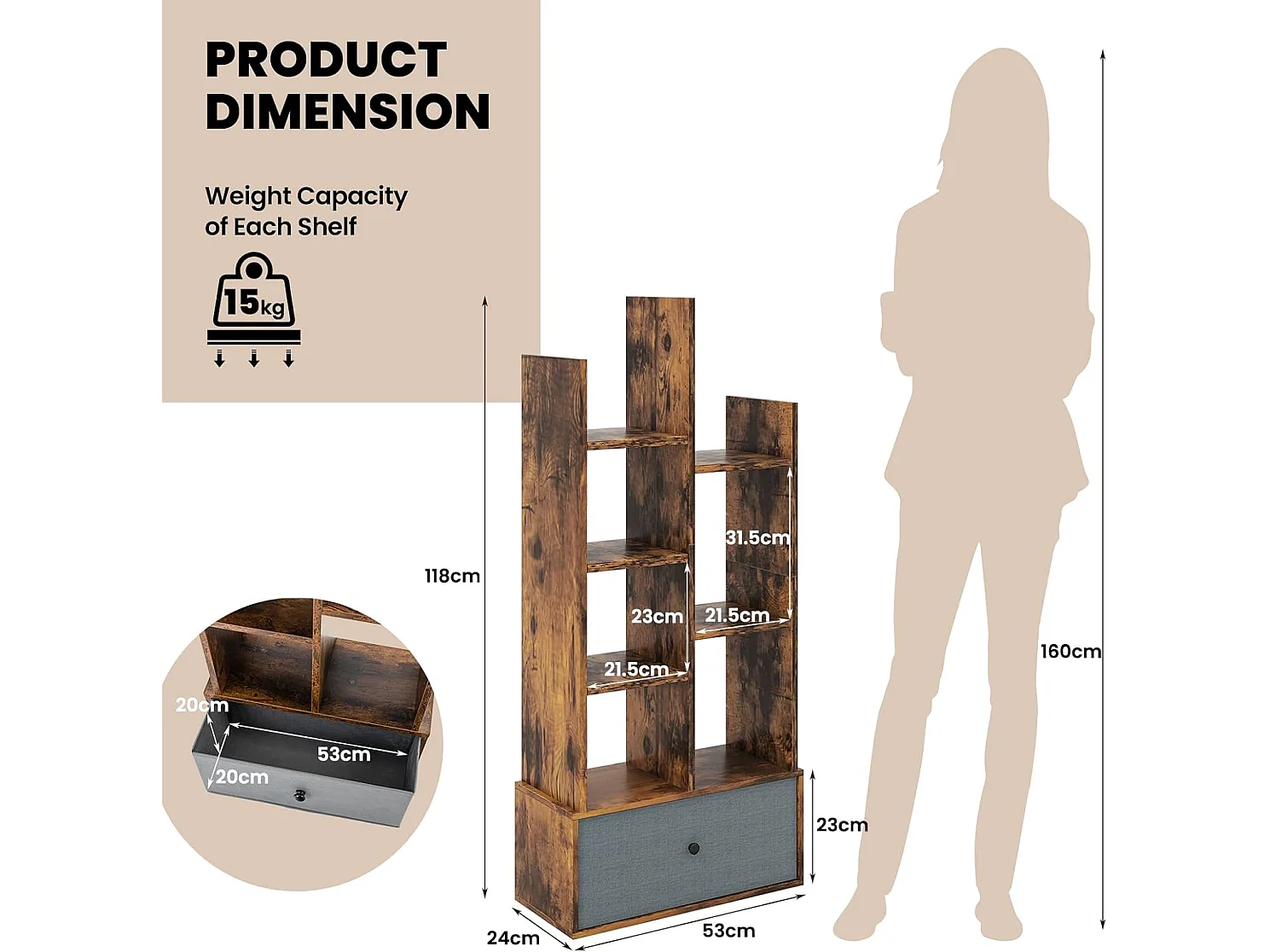 Bibliothèque à 7 niveaux avec tiroir amovible, étagère 7 compartiments,53x24x118cm marron