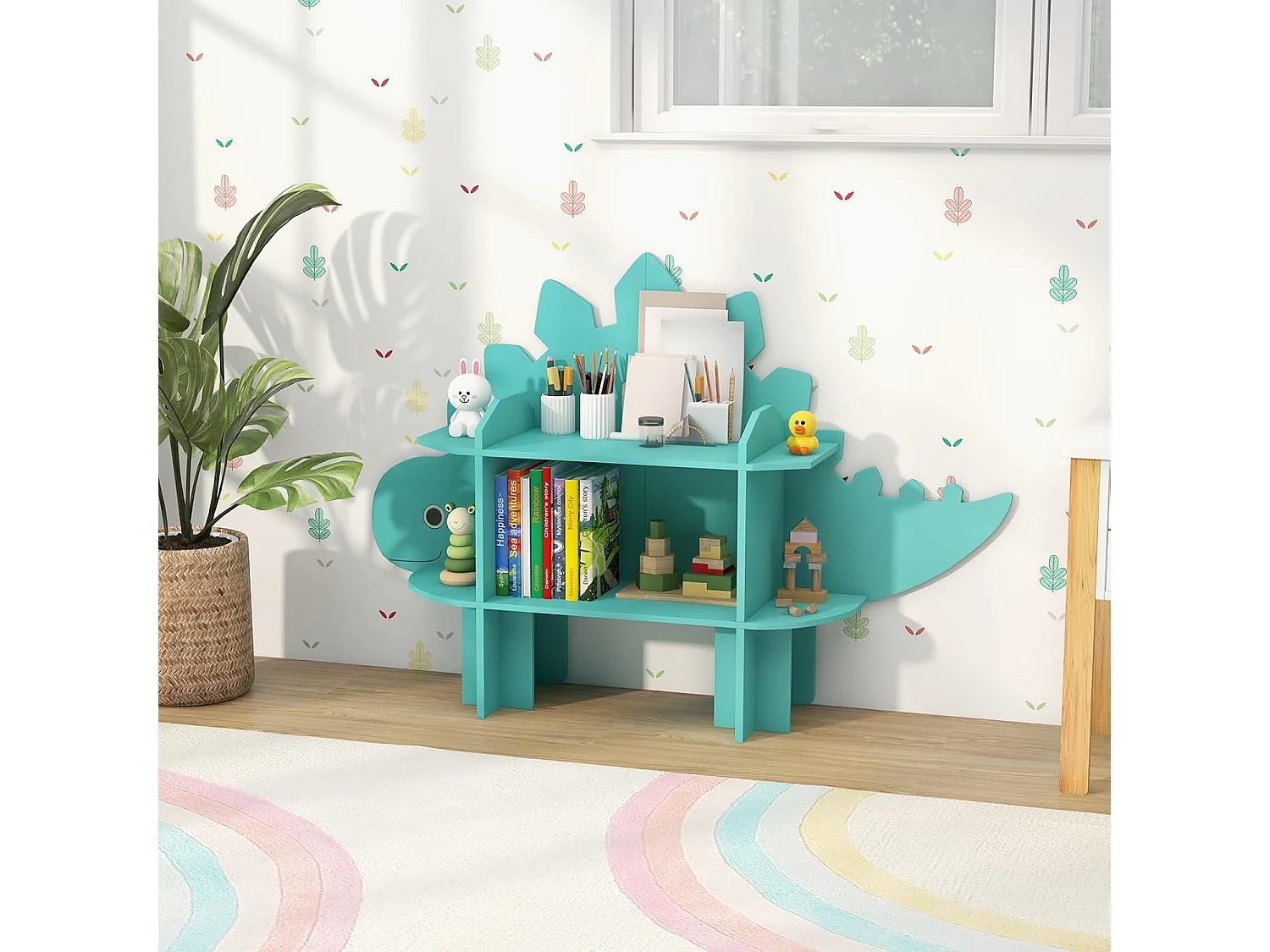 Étagère à livres enfant à 2 niveaux en forme dinosaure avec étagères ouvertes