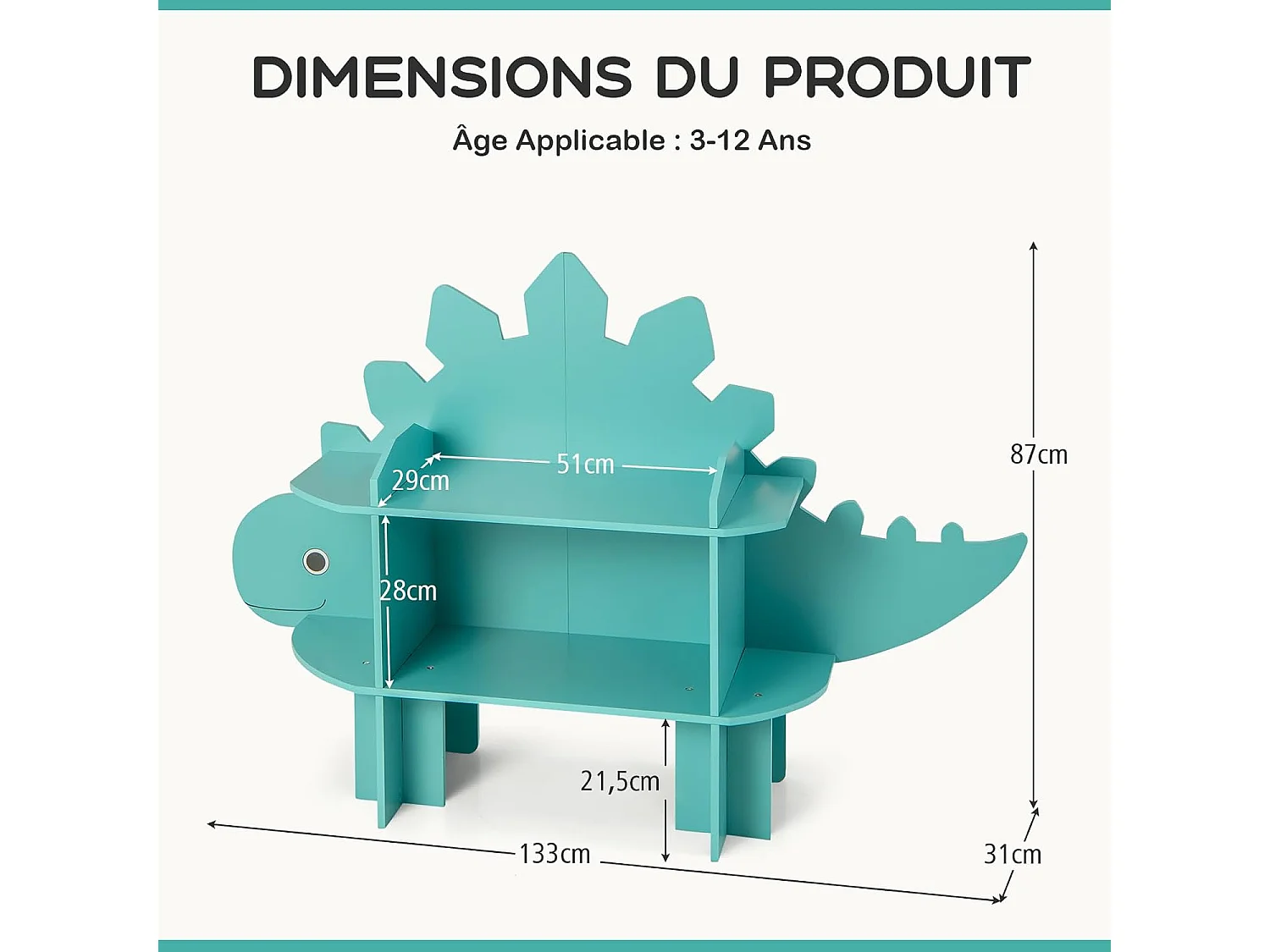 Étagère à livres enfant à 2 niveaux en forme dinosaure avec étagères ouvertes