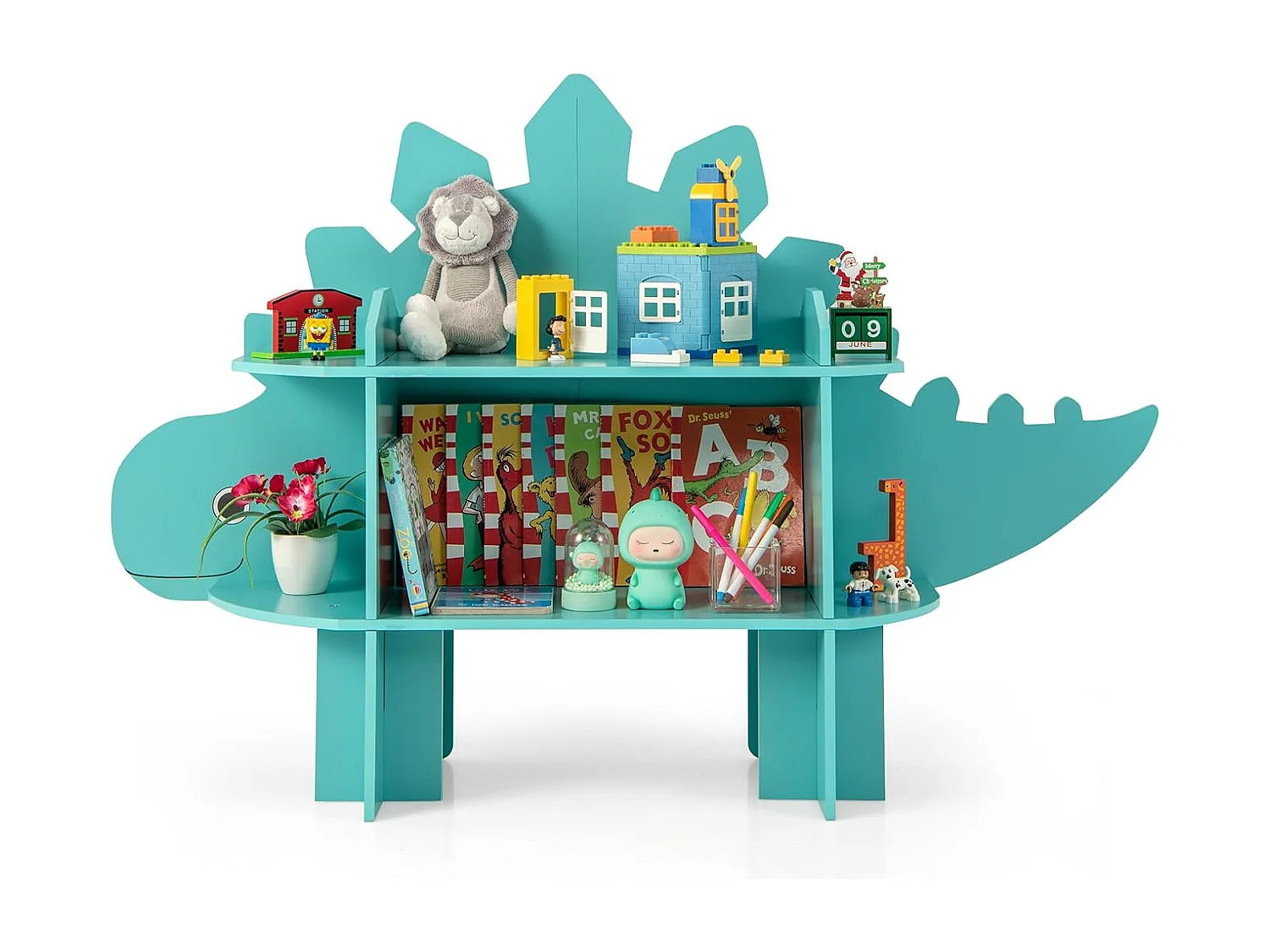 Étagère à livres enfant à 2 niveaux en forme dinosaure avec étagères ouvertes