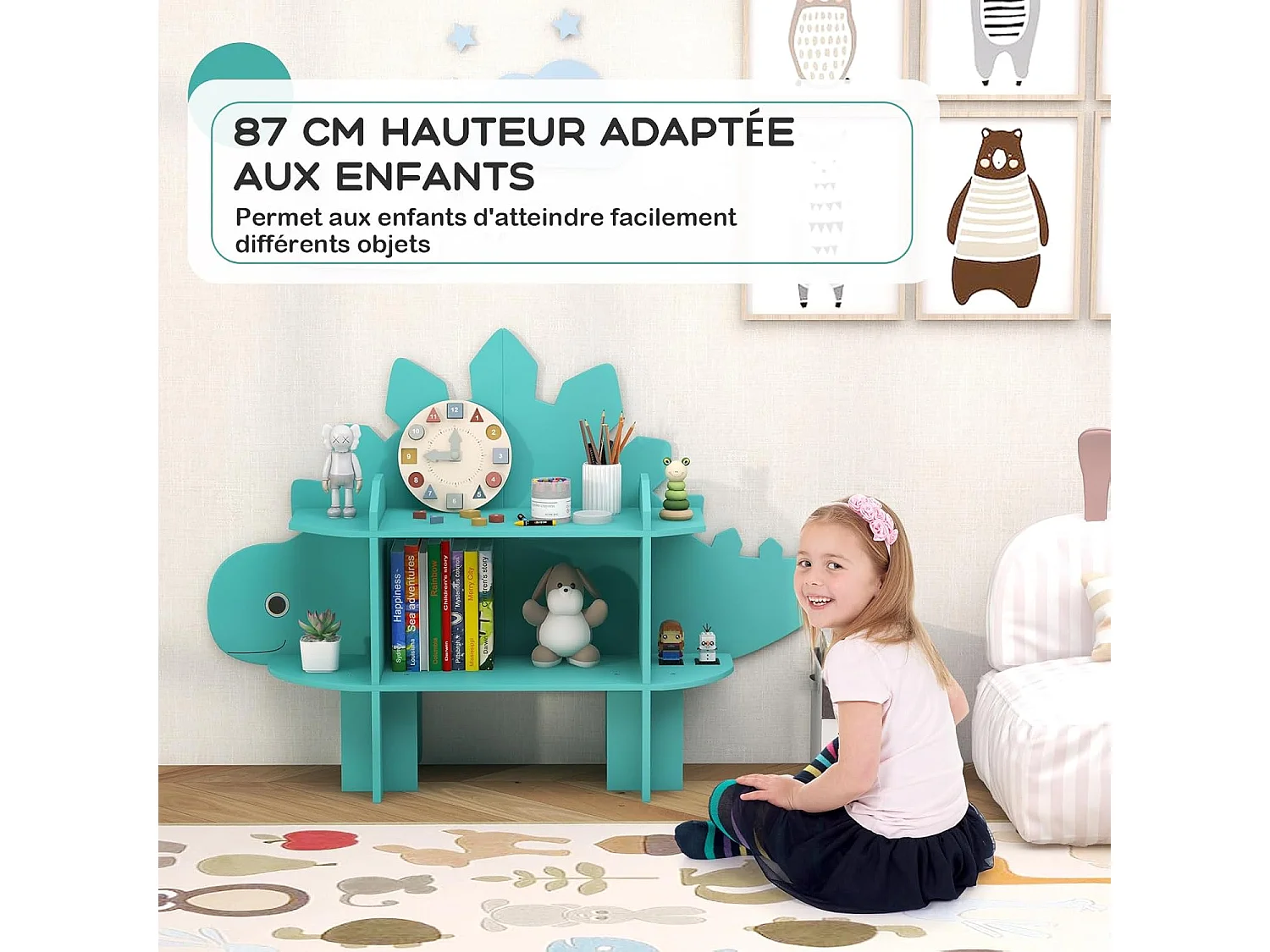 Étagère à livres enfant à 2 niveaux en forme dinosaure avec étagères ouvertes