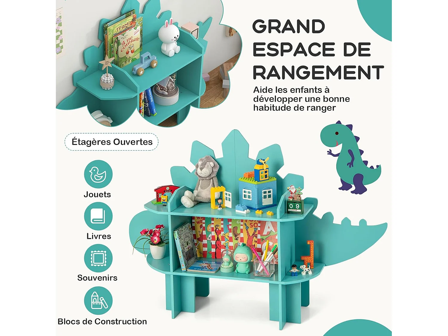 Étagère à livres enfant à 2 niveaux en forme dinosaure avec étagères ouvertes