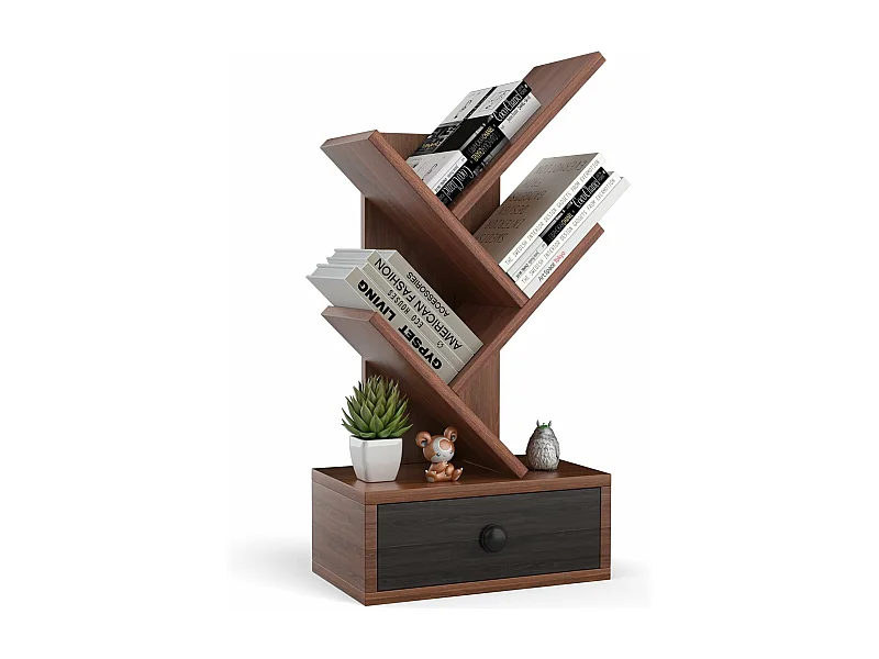 Bibliothèque industrielle à 5 niveaux en forme d’arbre, avec tiroir, marron rustique