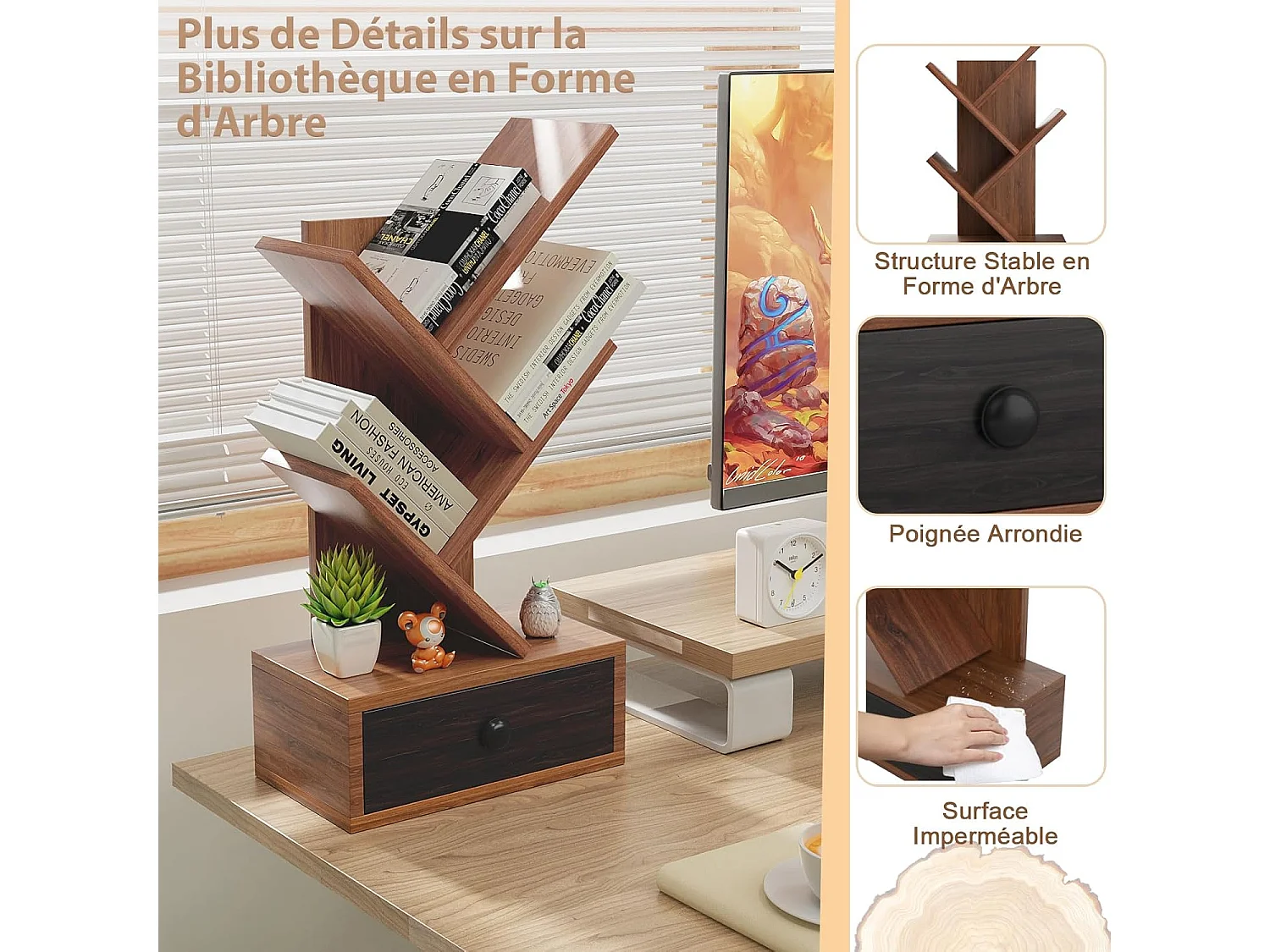 Bibliothèque industrielle à 5 niveaux en forme d’arbre, avec tiroir, marron rustique