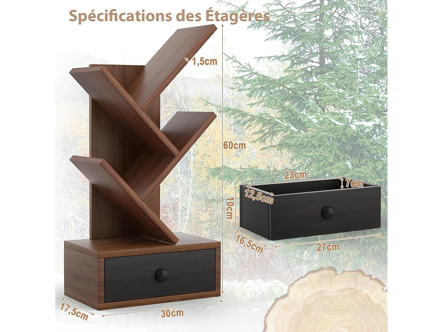 Bibliothèque industrielle à 5 niveaux en forme d’arbre, avec tiroir, marron rustique