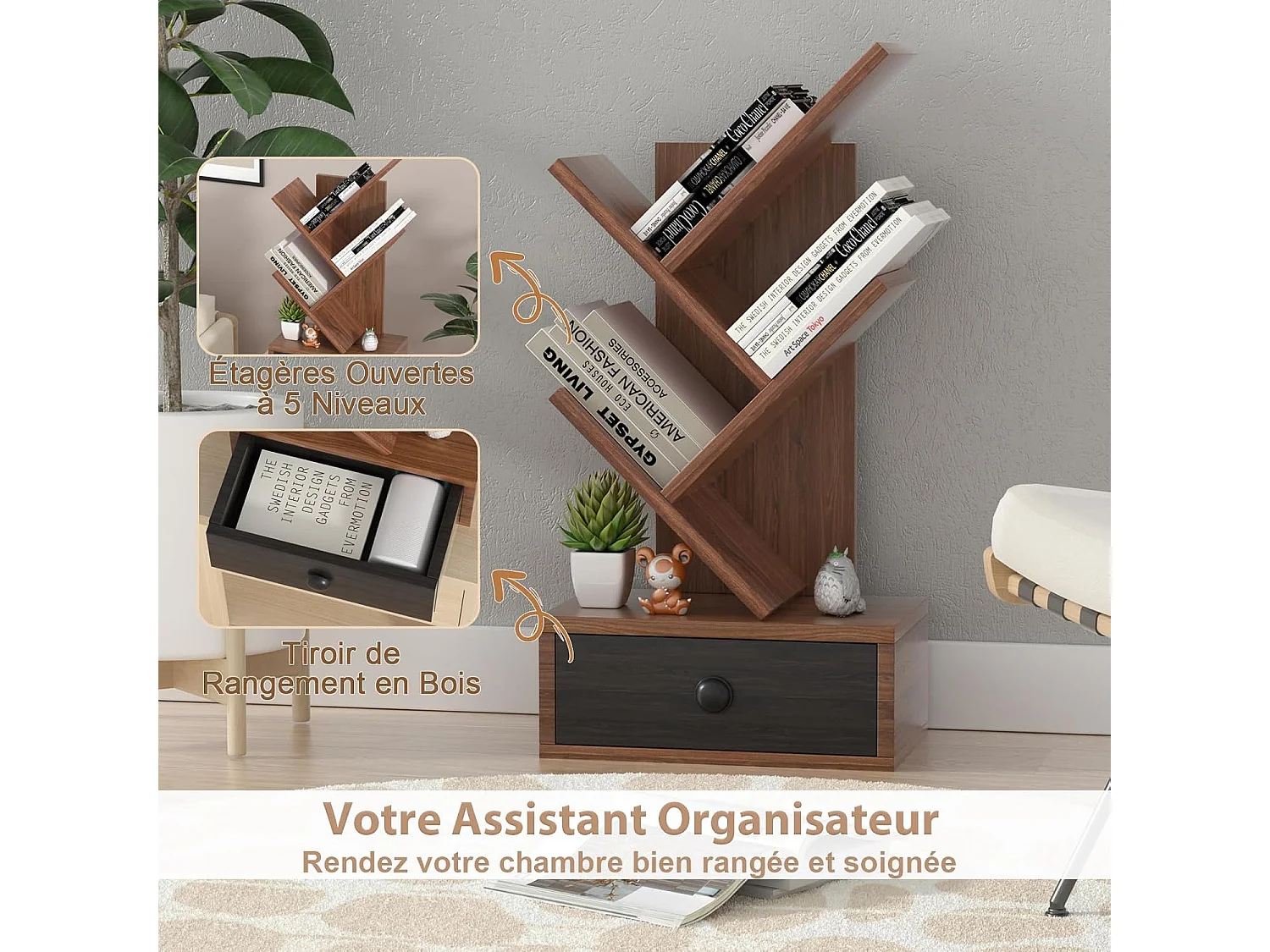 Bibliothèque industrielle à 5 niveaux en forme d’arbre, avec tiroir, marron rustique