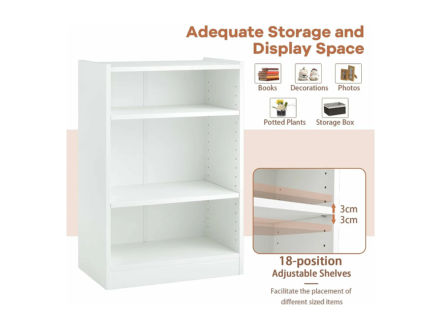 Bibliothèque à 3 niveaux avec 2 étagères réglables, salon, chambre, 50 x 30 x 75 cm