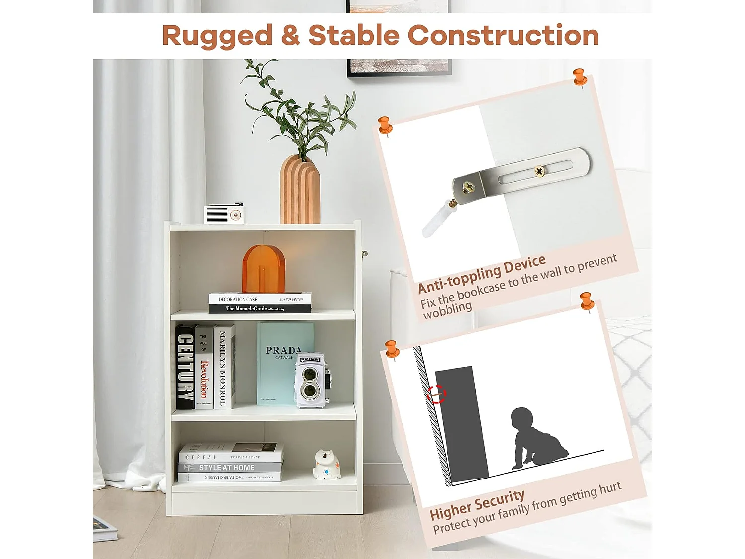 Bibliothèque à 3 niveaux avec 2 étagères réglables, salon, chambre, 50 x 30 x 75 cm