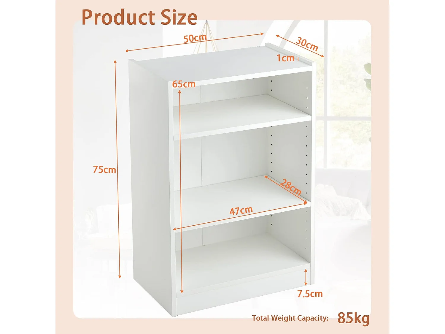Bibliothèque à 3 niveaux avec 2 étagères réglables, salon, chambre, 50 x 30 x 75 cm