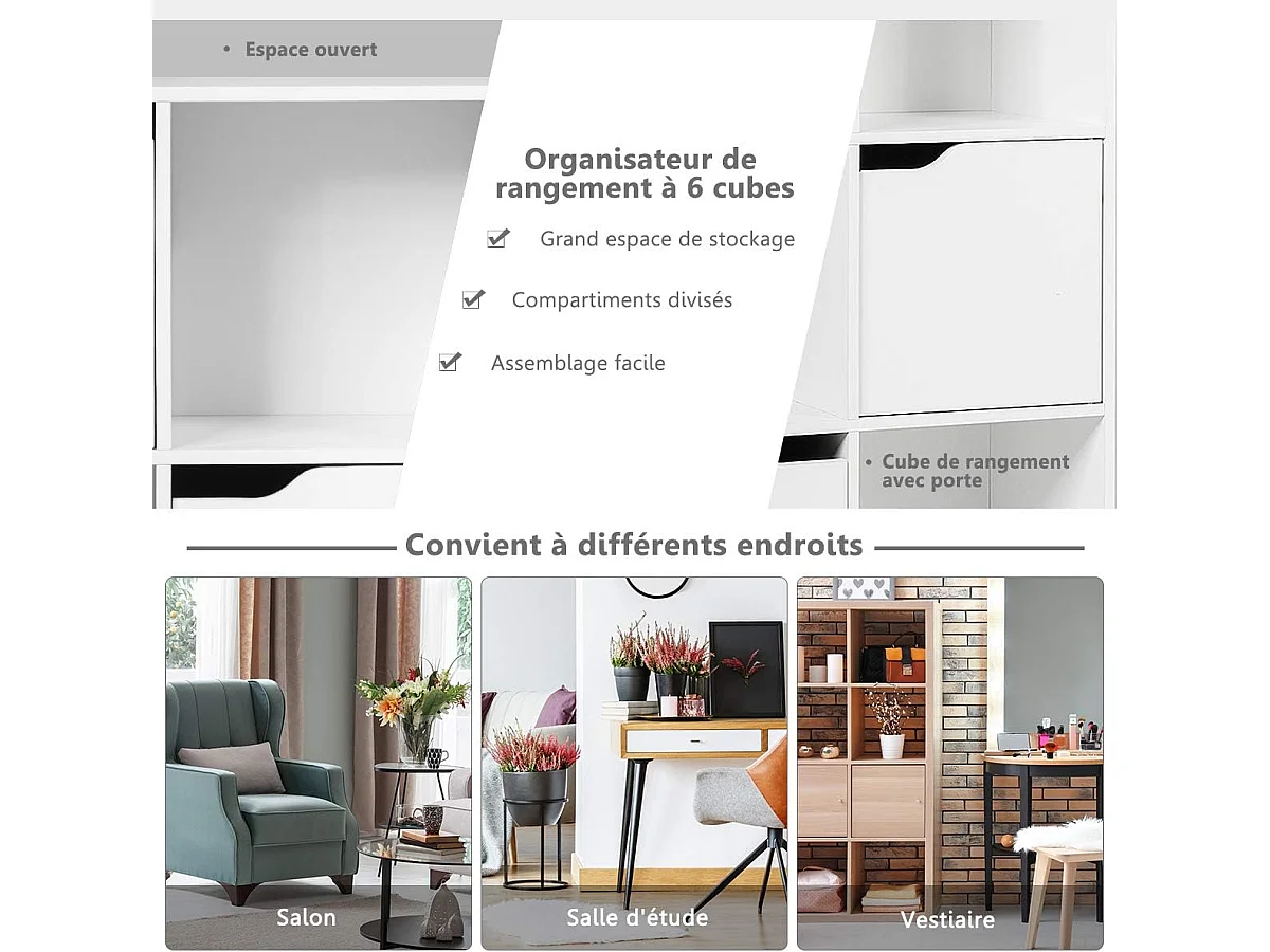 Bibliothèque étagère de rangement 6 cases, 3 cubes ouverts 28 x 28 cm, blanc