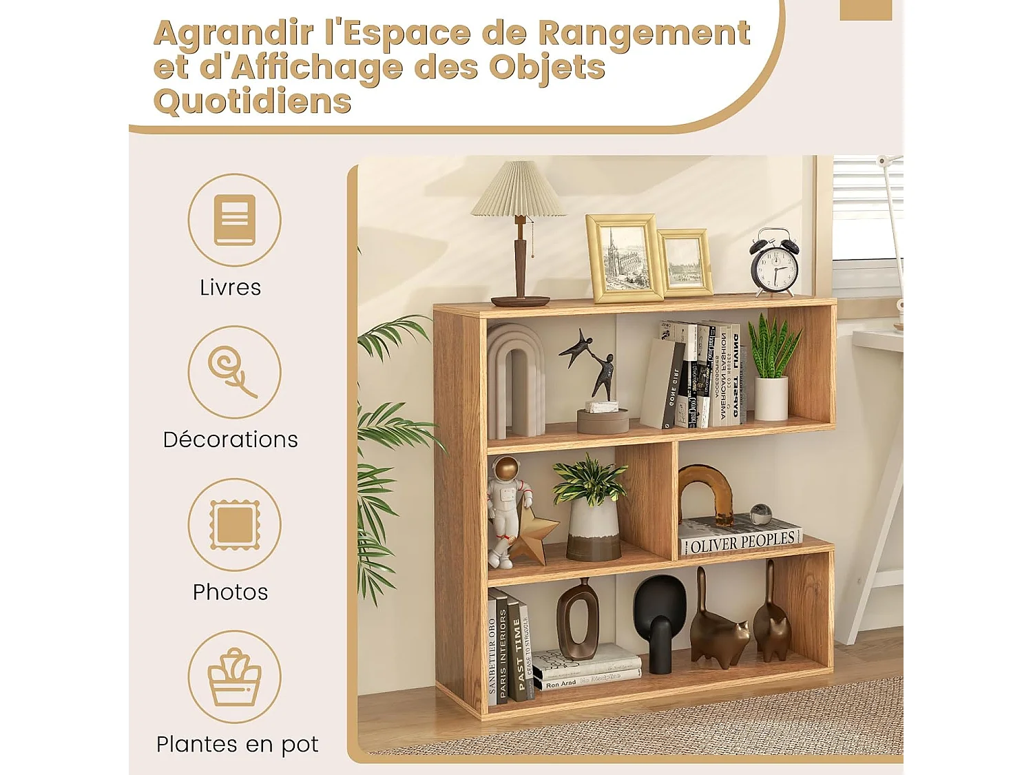 Bibliothèque concave, étagères à 3 niveaux, 29,5 x 84 x 83,5 cm, naturel