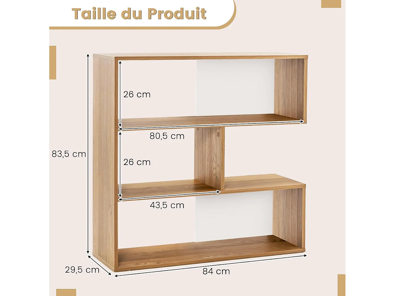 Bibliothèque concave, étagères à 3 niveaux, 29,5 x 84 x 83,5 cm, naturel