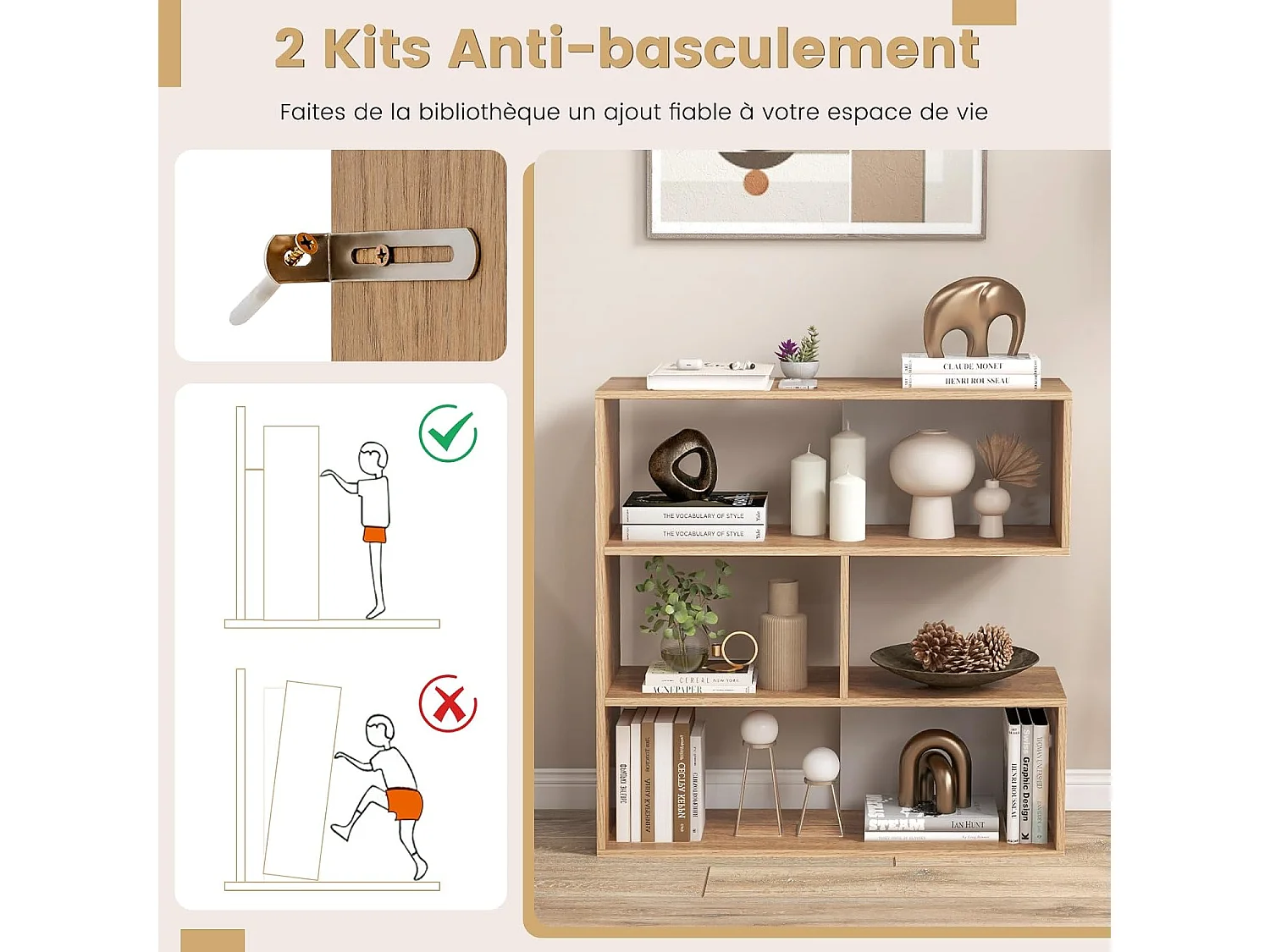 Bibliothèque concave, étagères à 3 niveaux, 29,5 x 84 x 83,5 cm, naturel