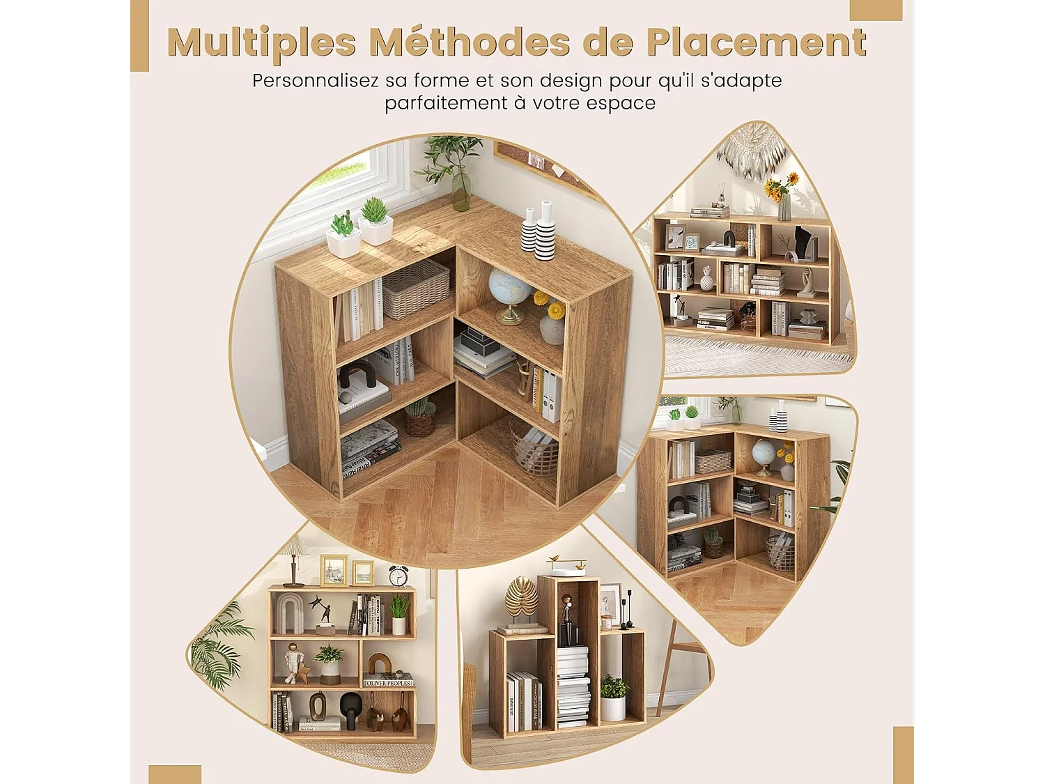 Bibliothèque Concave Étagères à 3 Niveaux Compartiments Ouverts Anti-Bascule Naturel