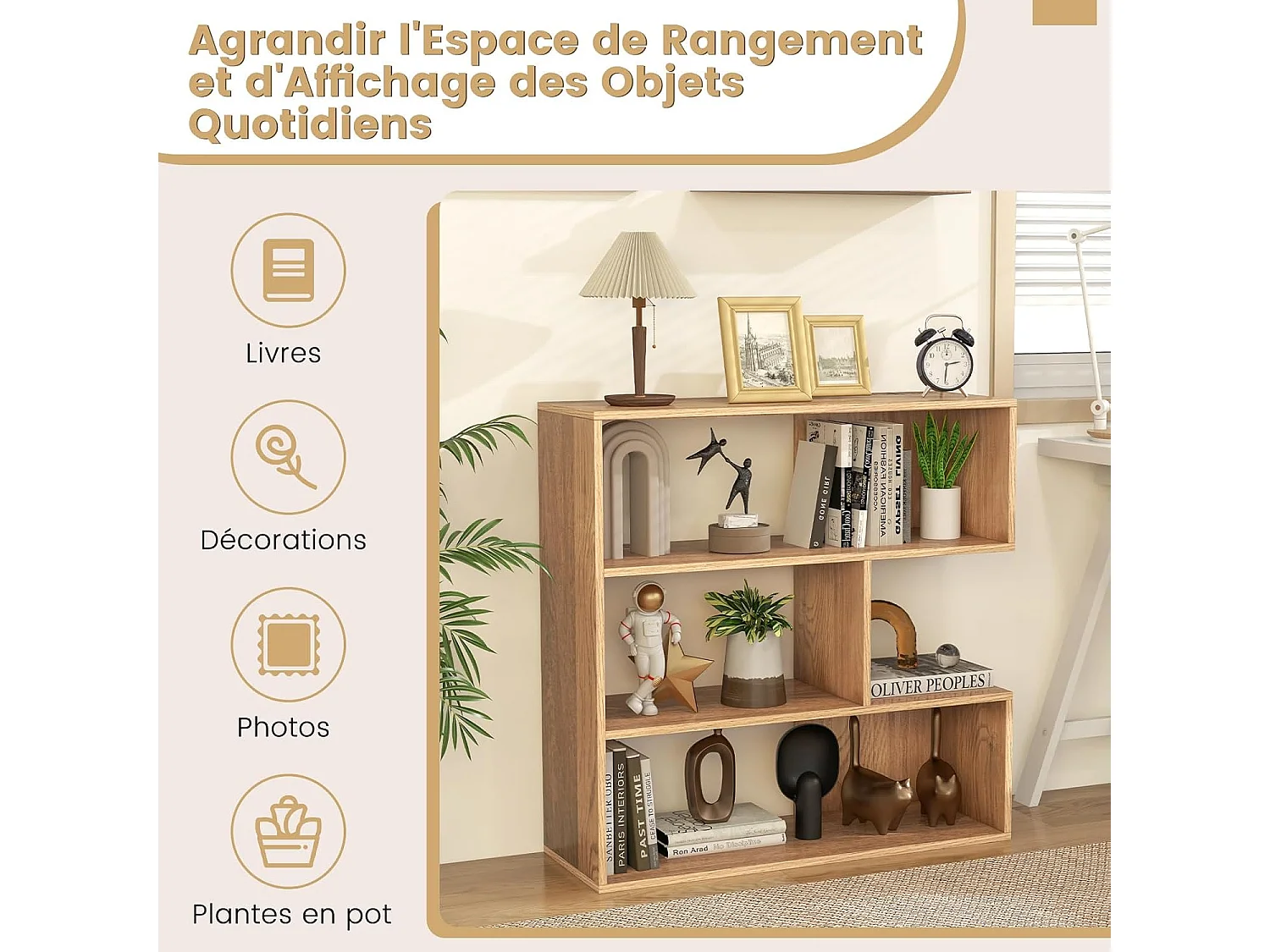Bibliothèque Concave Étagères à 3 Niveaux Compartiments Ouverts Anti-Bascule Naturel