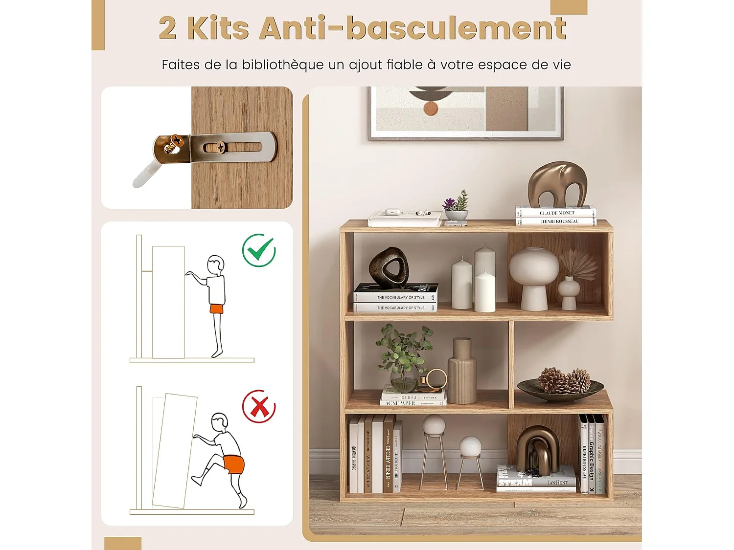 Bibliothèque Concave Étagères à 3 Niveaux Compartiments Ouverts Anti-Bascule Naturel