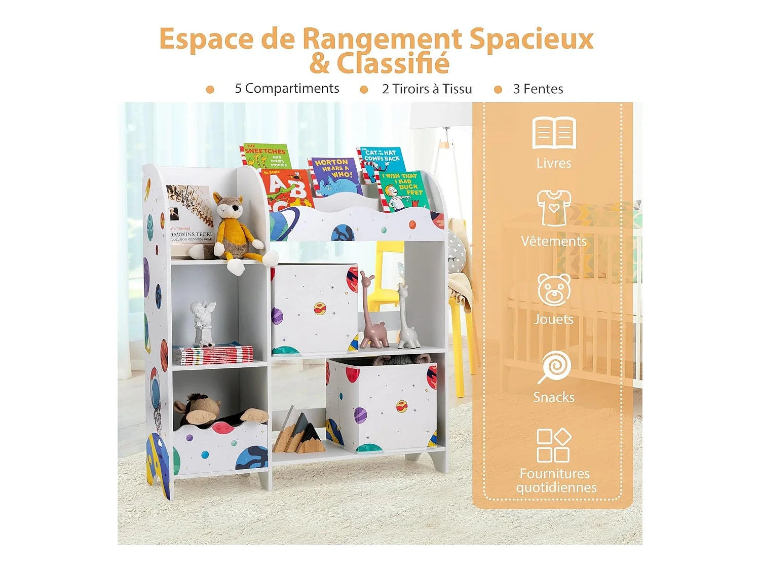 Meuble de rangement jouet enfants avec motif astronaute & 5 compartiments, 93x30x102cm