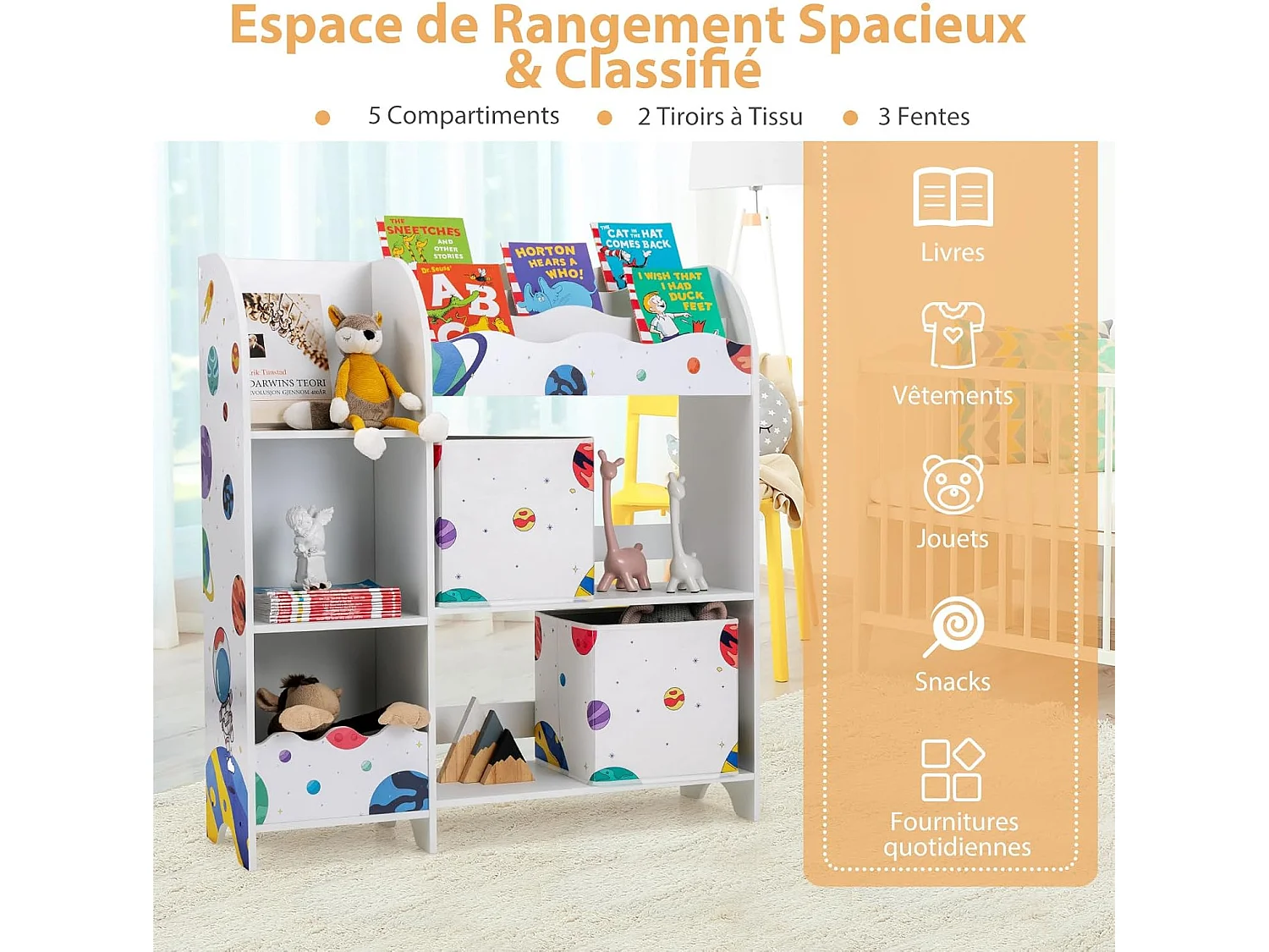 Meuble de rangement jouet enfants avec motif astronaute & 5 compartiments, 93x30x102cm
