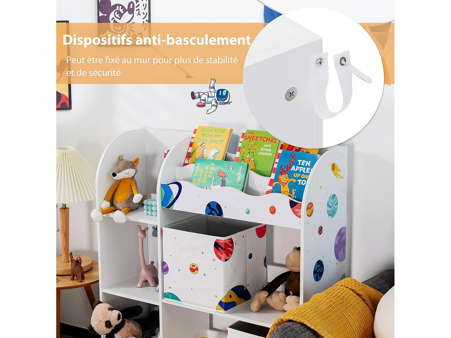 Meuble de rangement jouet enfants avec motif astronaute & 5 compartiments, 93x30x102cm