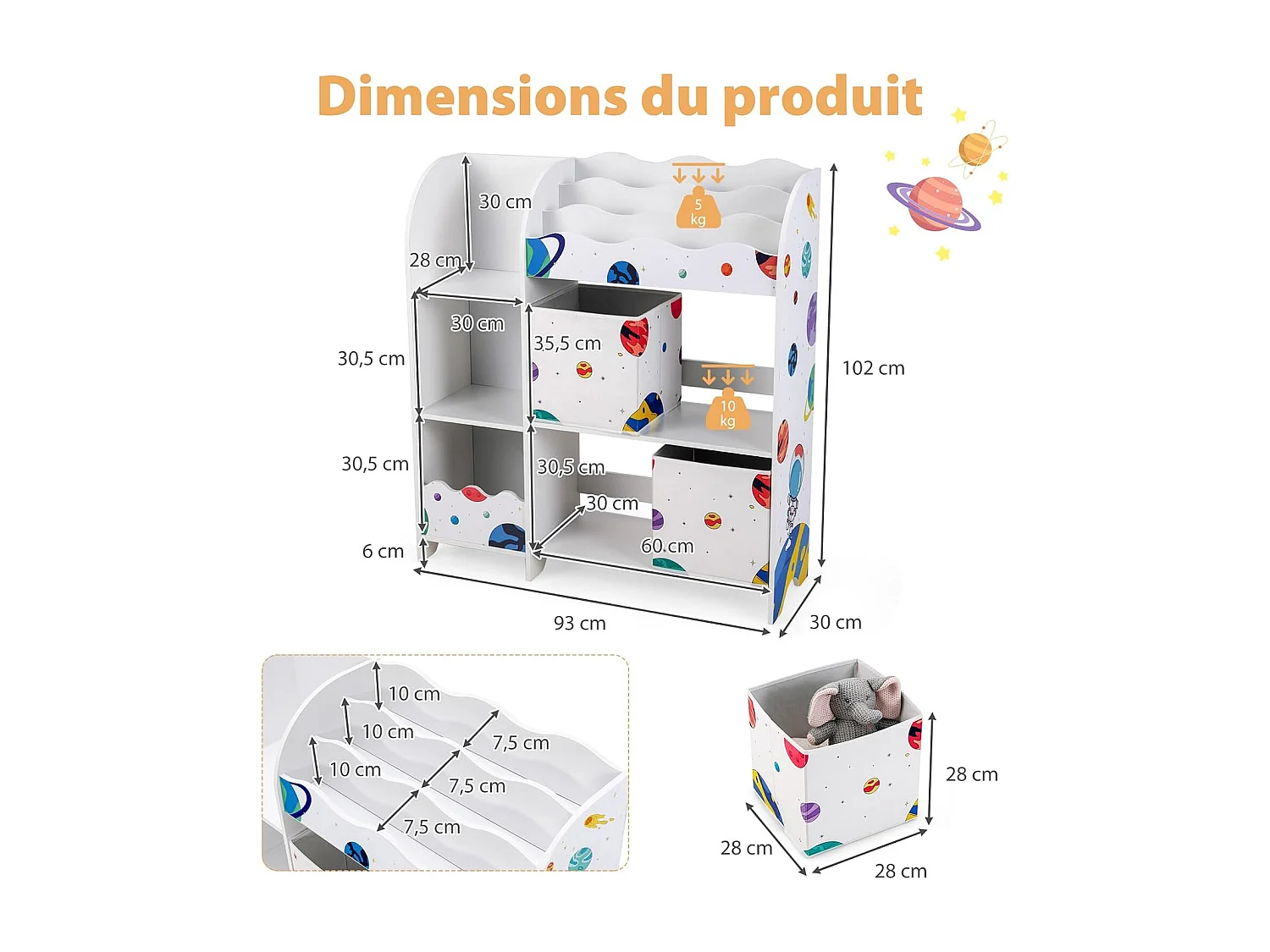 Meuble de rangement jouet enfants avec motif astronaute & 5 compartiments, 93x30x102cm