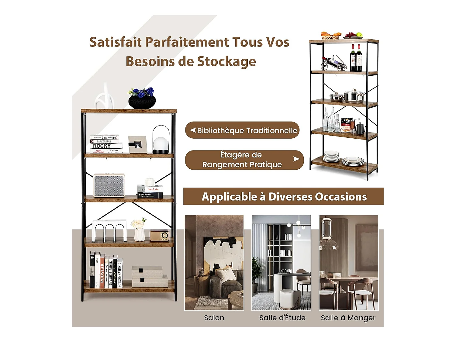 Bibliothèque Étagère à 5 Niveaux, Bibliothèque Industrielle en Bois avec Cadre en Métal, Dispositif Anti-Basculement (Marron)