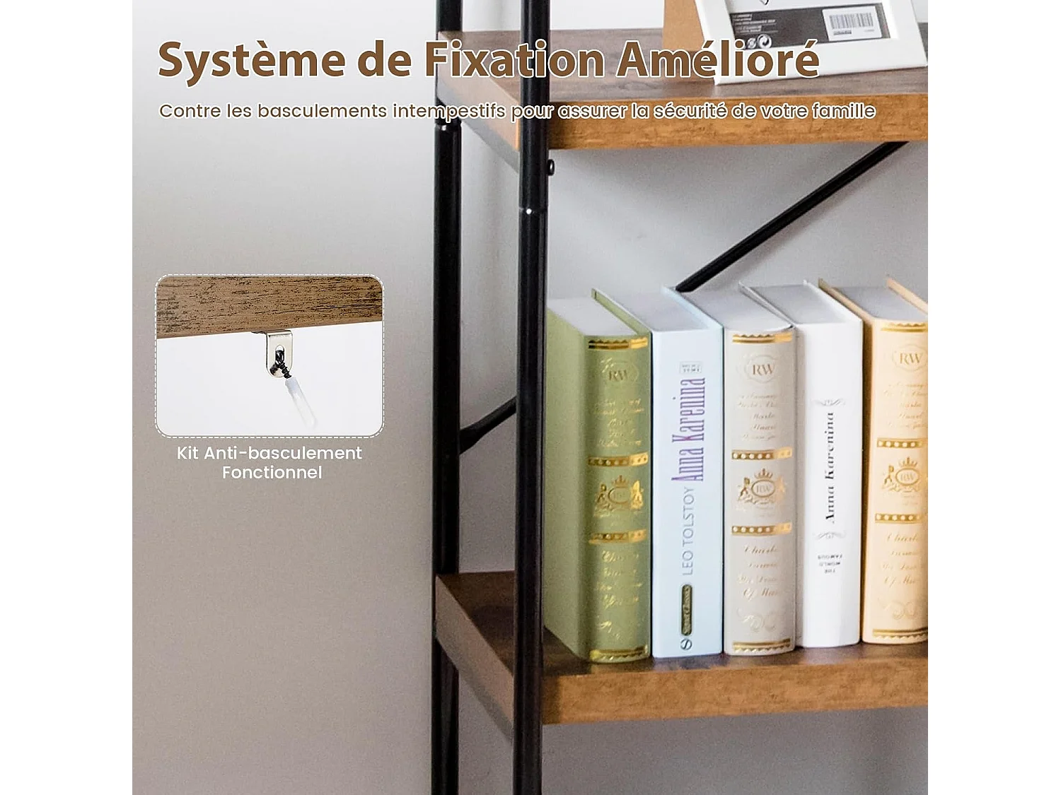 Bibliothèque Étagère à 5 Niveaux, Bibliothèque Industrielle en Bois avec Cadre en Métal, Dispositif Anti-Basculement (Marron)