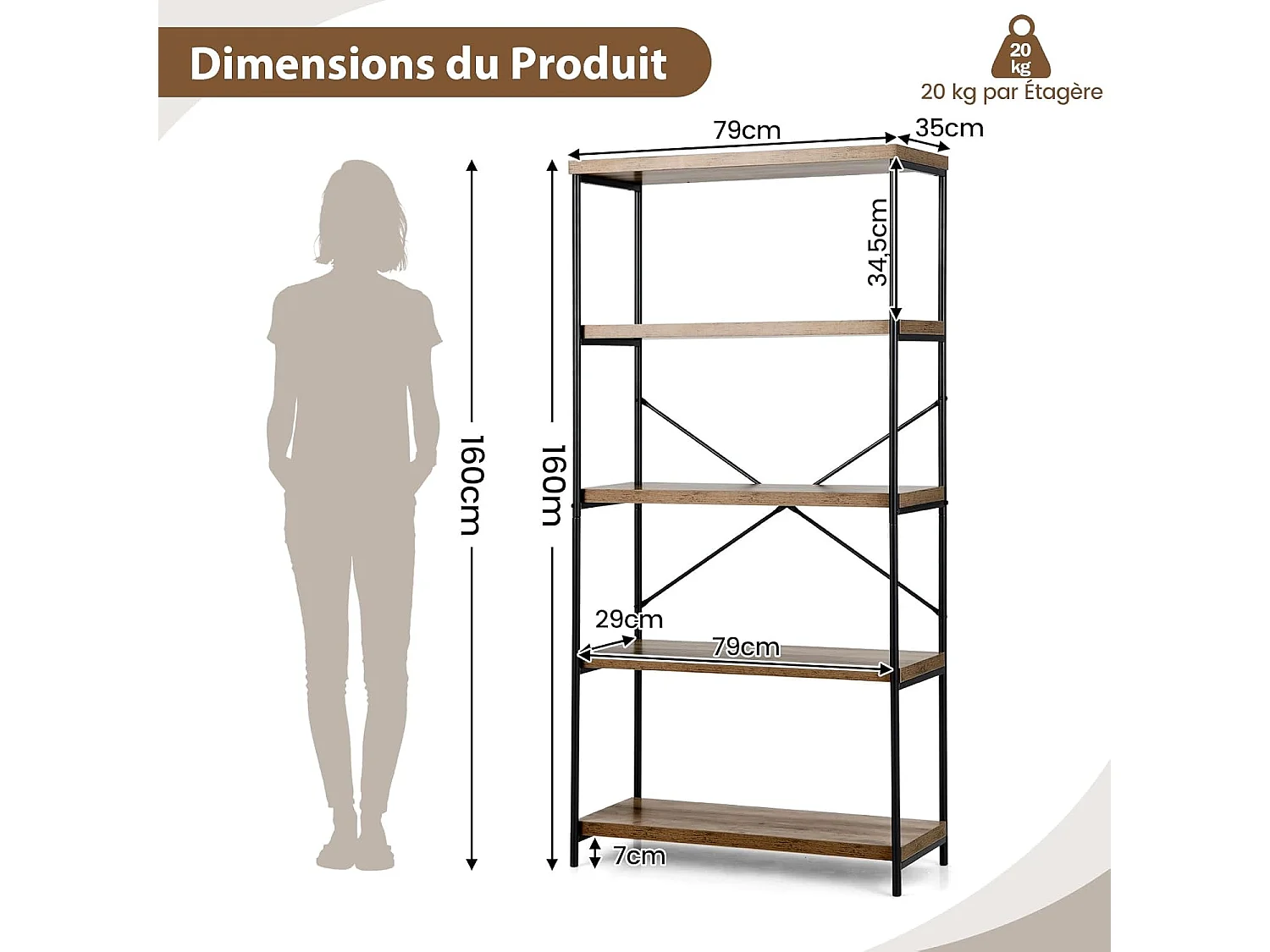 Bibliothèque Étagère à 5 Niveaux, Bibliothèque Industrielle en Bois avec Cadre en Métal, Dispositif Anti-Basculement (Marron)