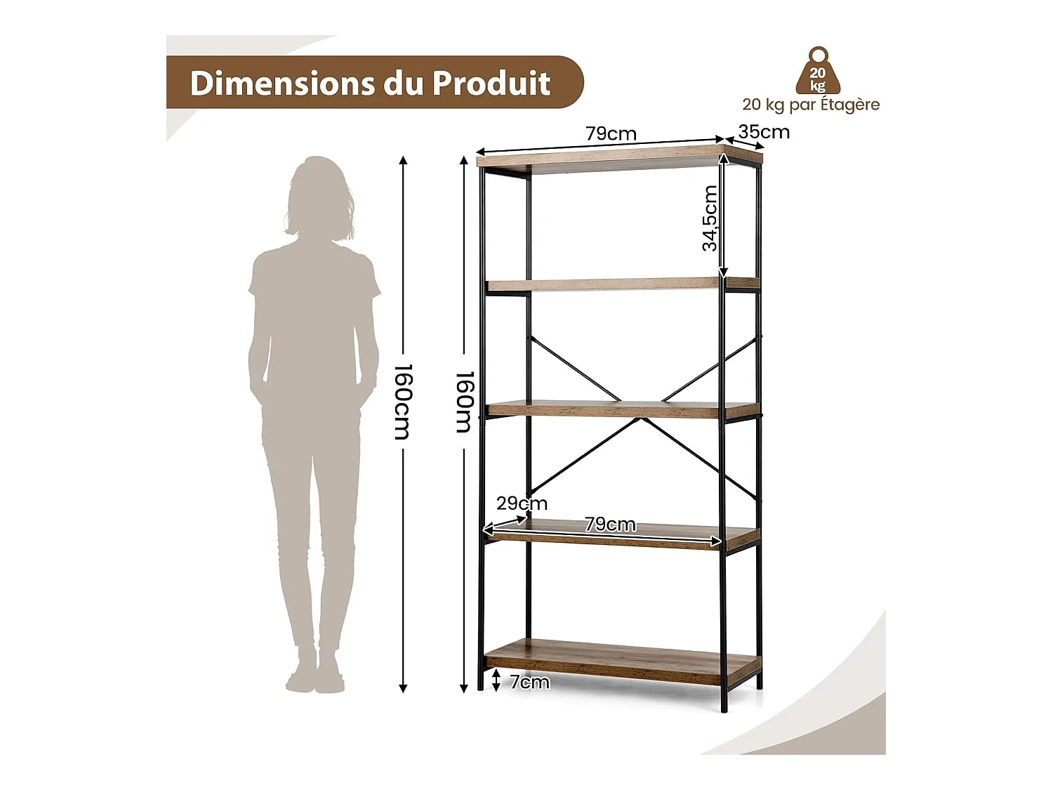 Bibliothèque Étagère à 5 Niveaux, Bibliothèque Industrielle en Bois avec Cadre en Métal, Dispositif Anti-Basculement (Marron)