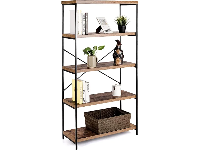 Bibliothèque Étagère à 5 Niveaux, Bibliothèque Industrielle en Bois avec Cadre en Métal, Dispositif Anti-Basculement (Marron)