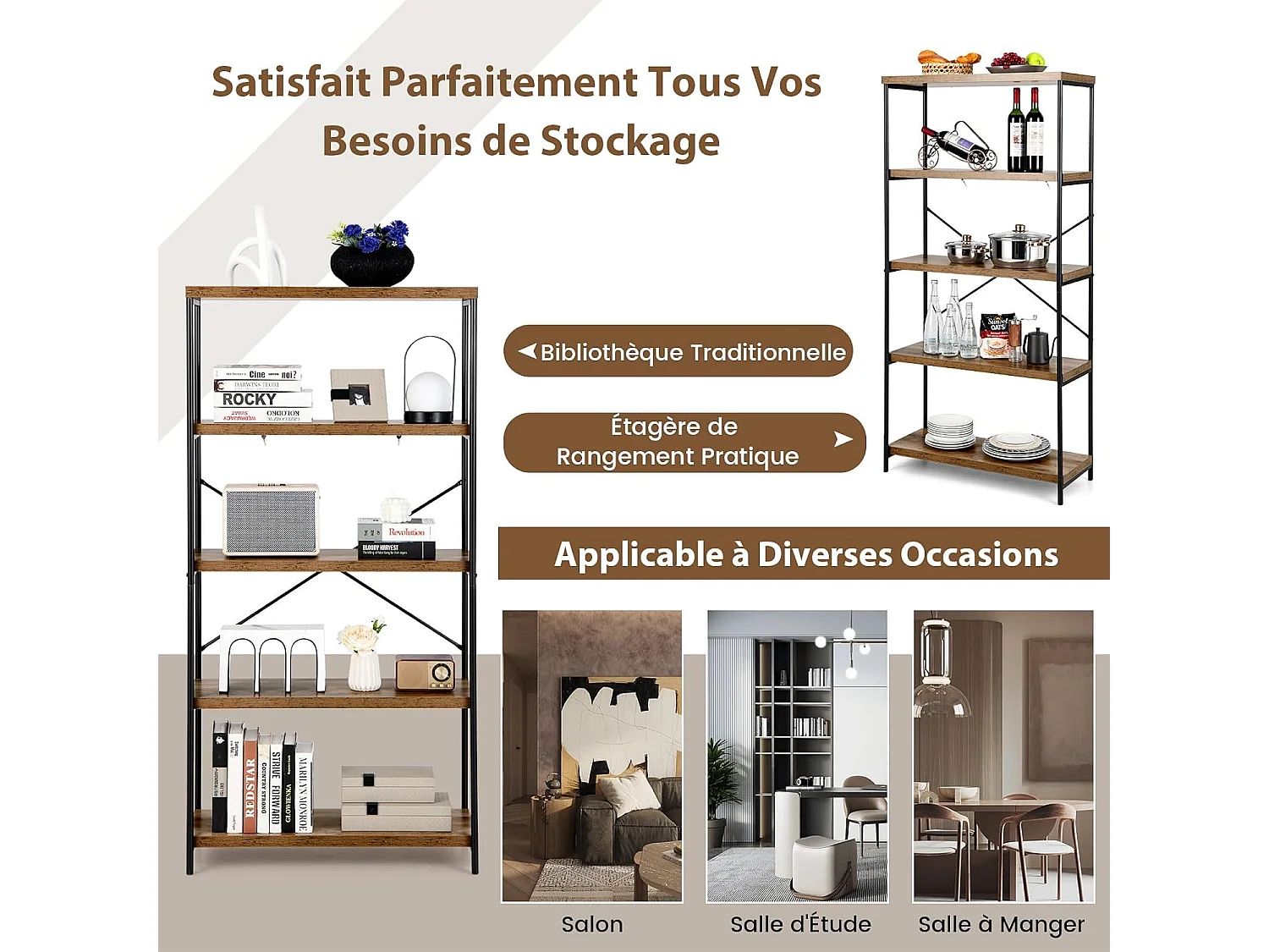 Bibliothèque Étagère à 5 Niveaux, Bibliothèque Industrielle en Bois avec Cadre en Métal, Dispositif Anti-Basculement (Marron)