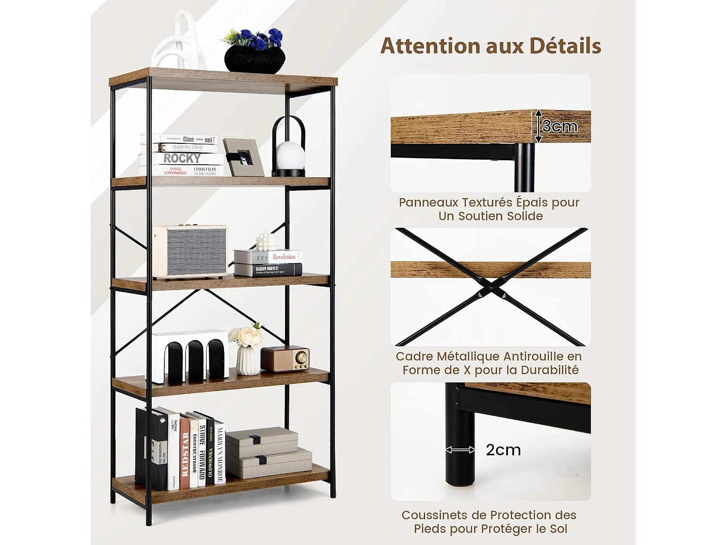Bibliothèque Étagère à 5 Niveaux, Bibliothèque Industrielle en Bois avec Cadre en Métal, Dispositif Anti-Basculement (Marron)