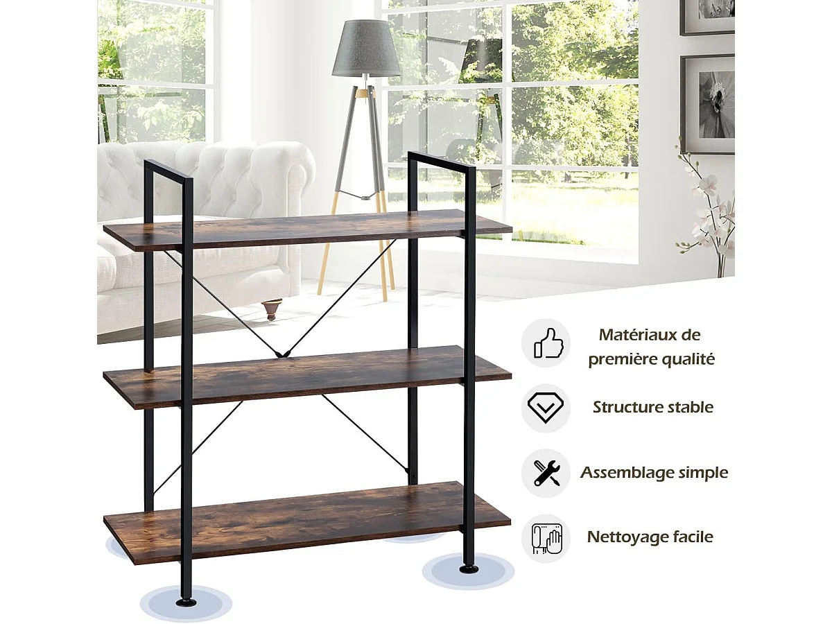 Bibliothèque à 3 niveaux, étagère industrielle avec cadre en métal, marron rustique