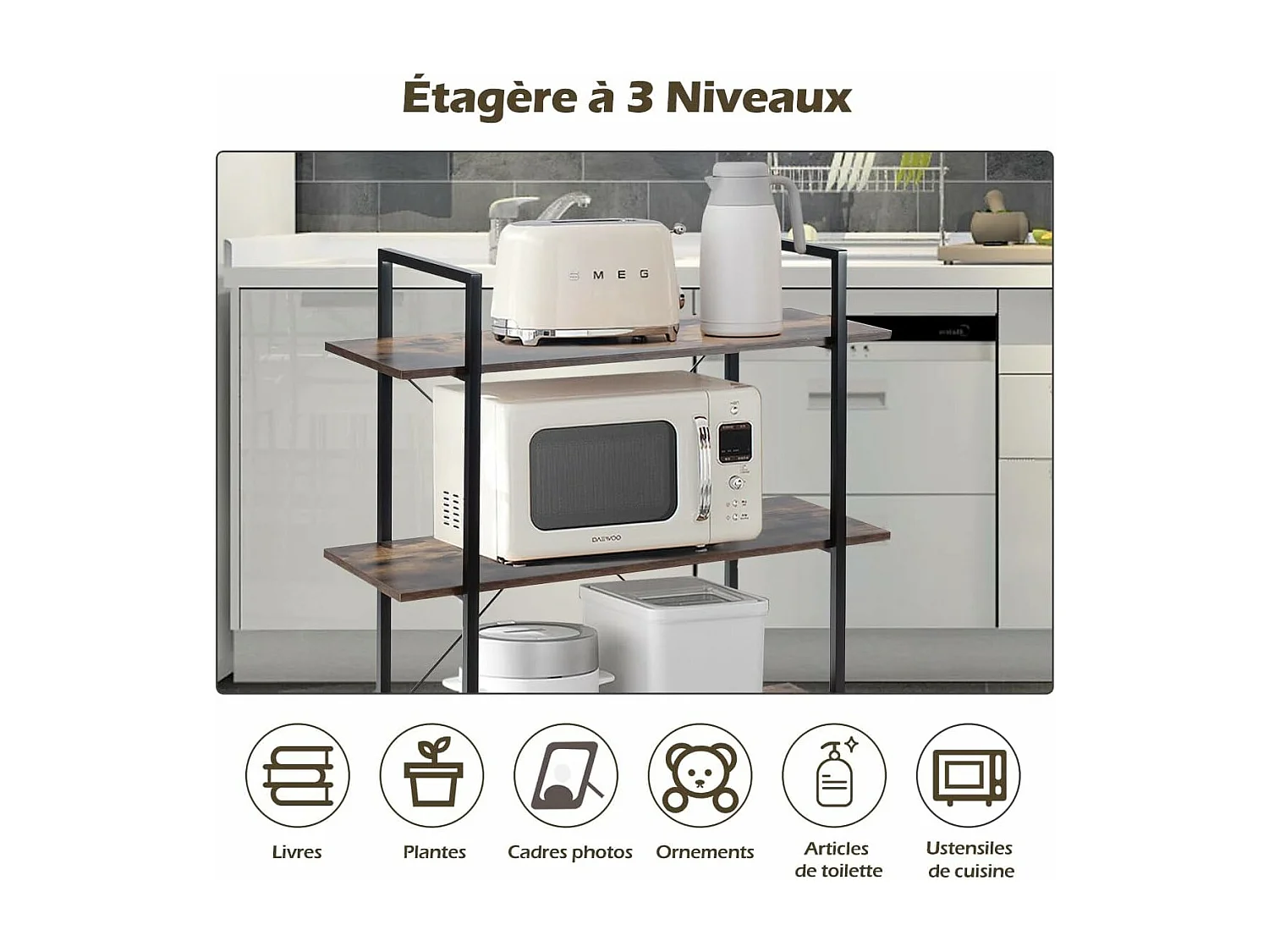 Bibliothèque à 3 niveaux, étagère industrielle avec cadre en métal, marron rustique