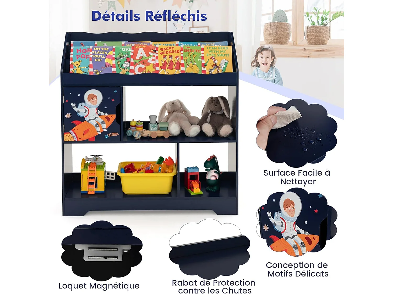 Bibliothèque enfants en bois 3 en 1, avec 5 compartiments, étagère, 93 x 30 x 100 cm,bleu