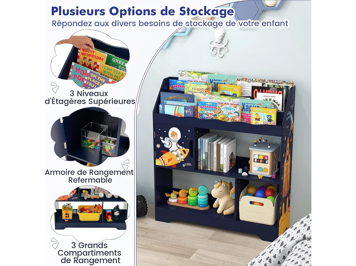 Bibliothèque enfants en bois 3 en 1, avec 5 compartiments, étagère, 93 x 30 x 100 cm,bleu