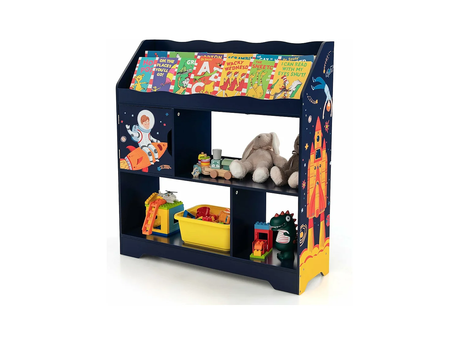 Bibliothèque enfants en bois 3 en 1, avec 5 compartiments, étagère, 93 x 30 x 100 cm,bleu