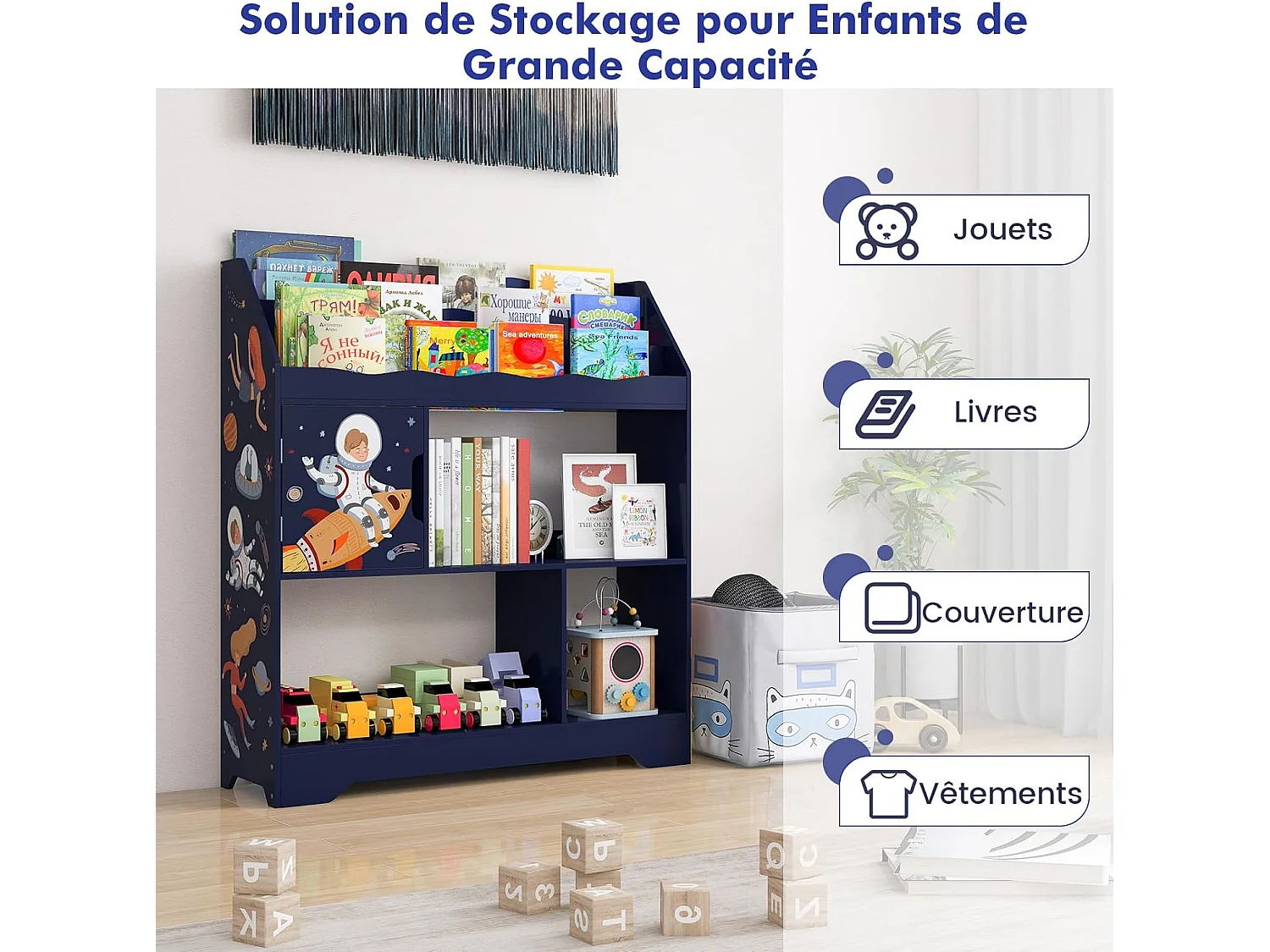 Bibliothèque enfants en bois 3 en 1, avec 5 compartiments, étagère, 93 x 30 x 100 cm,bleu