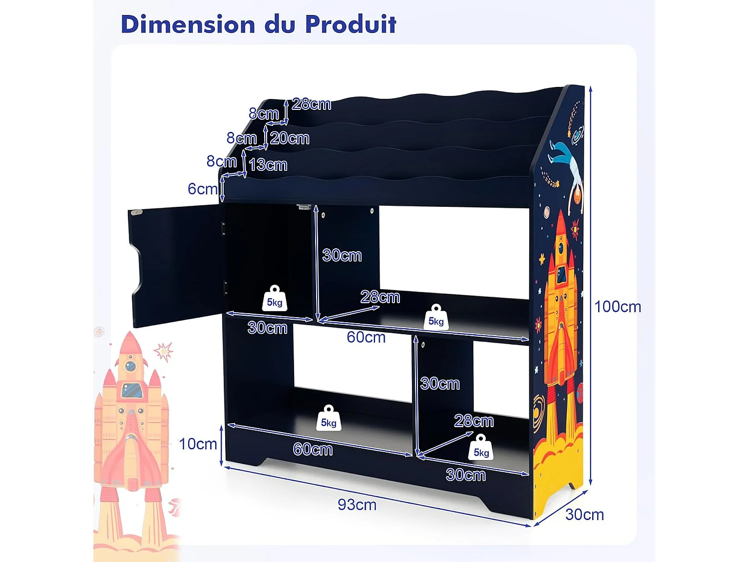 Bibliothèque enfants en bois 3 en 1, avec 5 compartiments, étagère, 93 x 30 x 100 cm,bleu