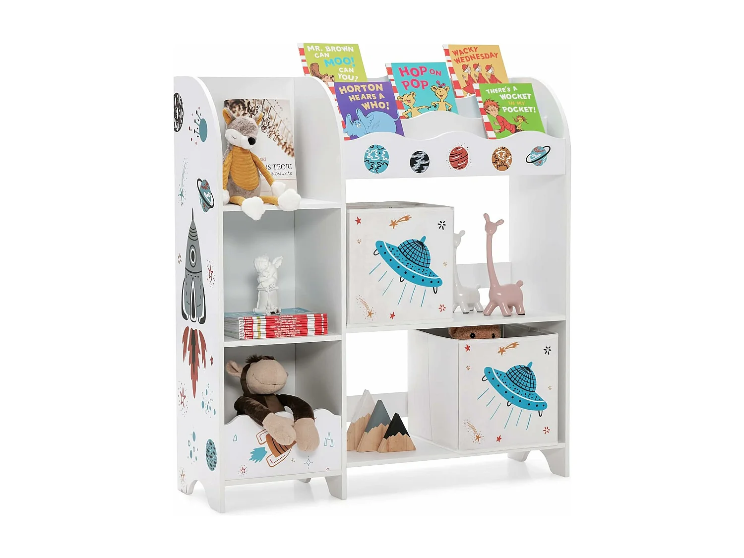 Meuble de rangement jouet enfants avec motif fusée & 5 compartiments,93x30x102cm